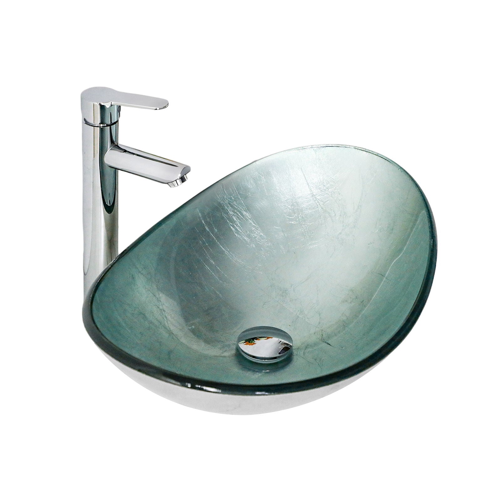 Tempered Glass Vessel Sink With Boat Shape Pop-Up Drain