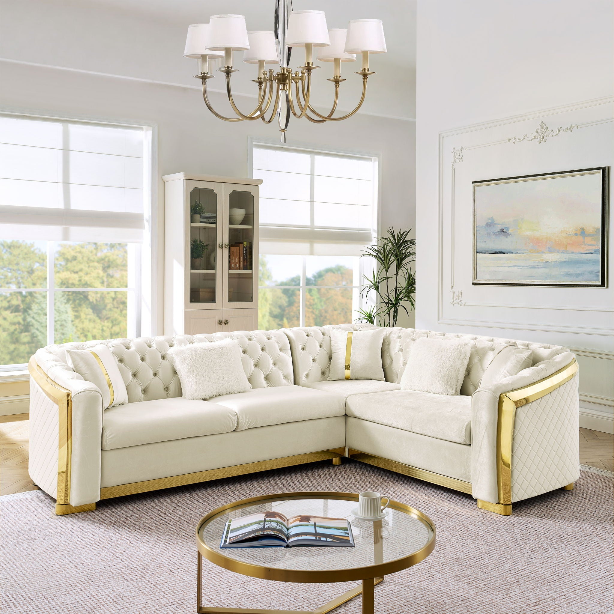 L Shaped Chesterfield Sectional Sofa With Stainless Steel Accents - Best Buy Furniture