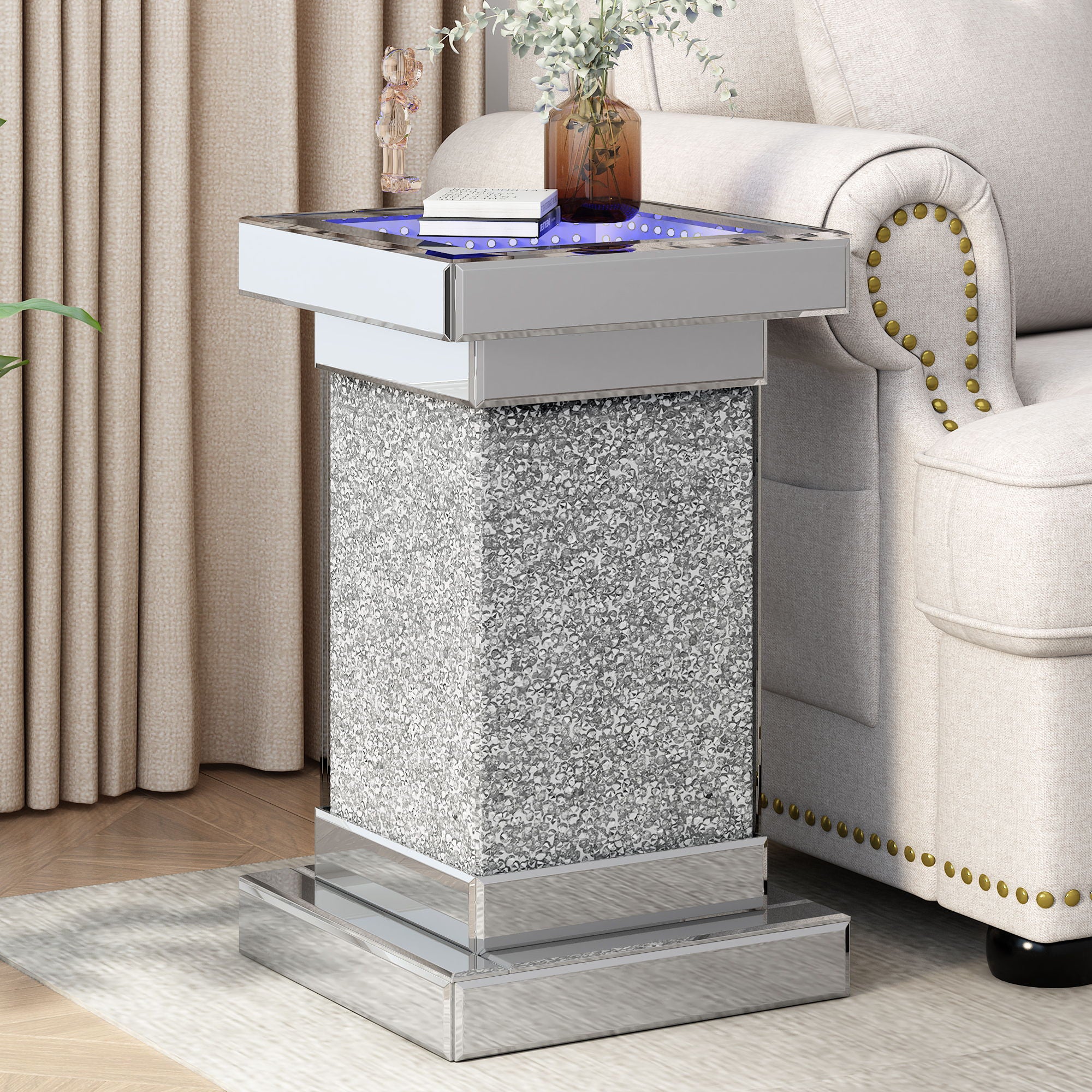 Square Mirrored End Table With Led Lights, Modern Side Table With Crystal Inlay For Living Room - Best Buy Furniture