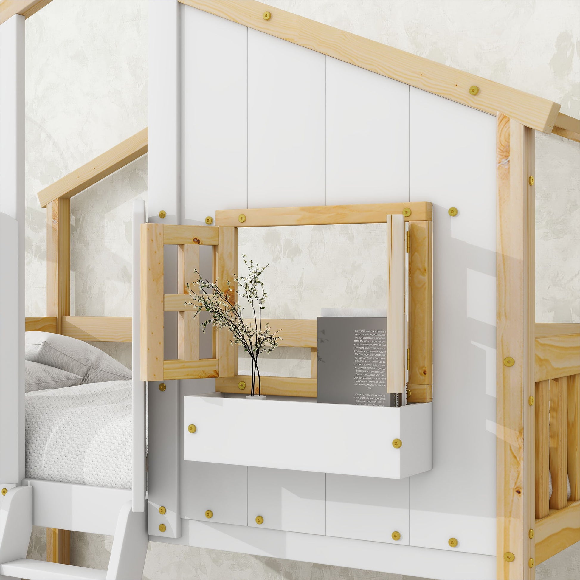 House Bunk Bed With Roof, Window, Window Box, Door, With Safety Guardrails And Ladder - Best Buy Furniture