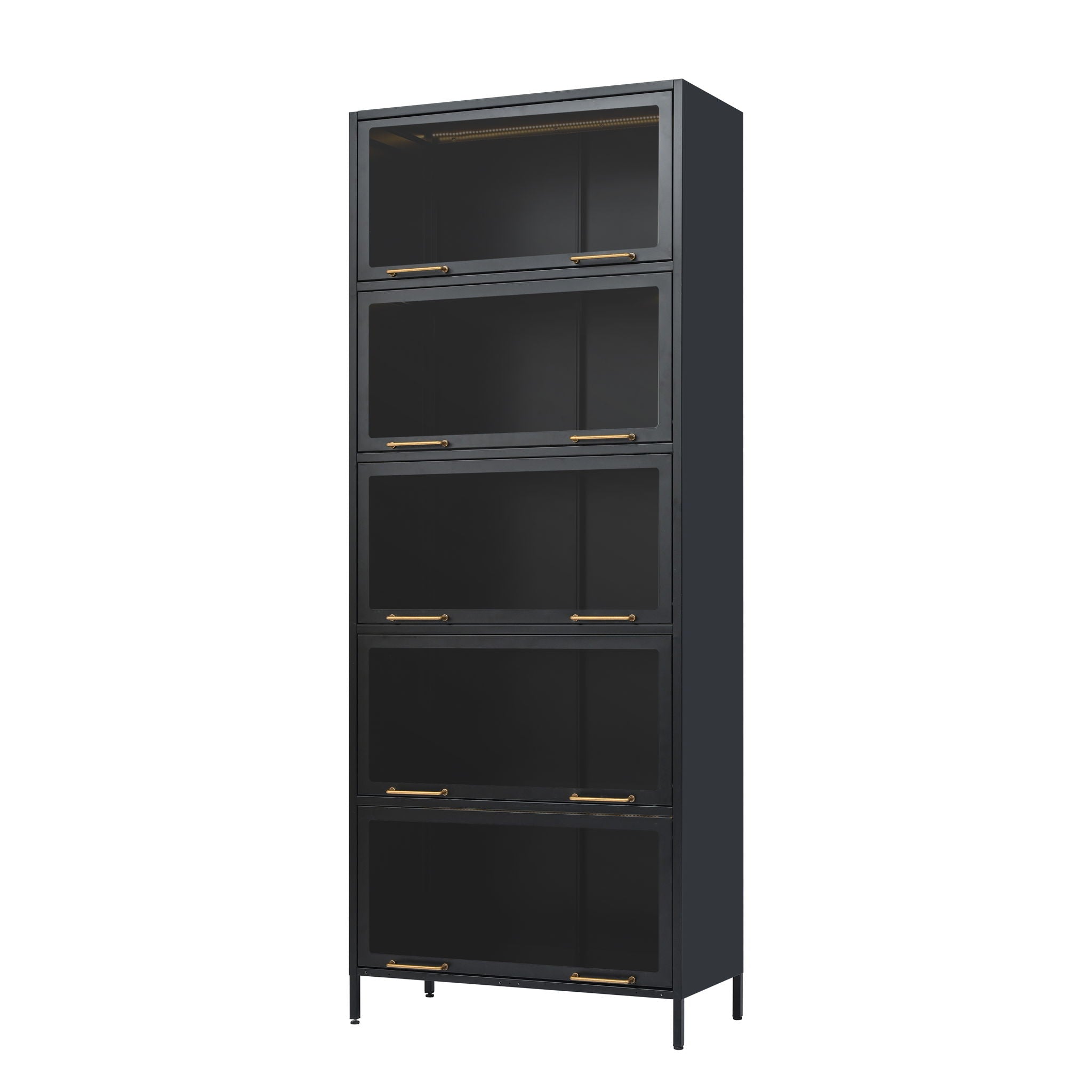 Modern Steel Display Cabinet With Glass Doors And LED Lights, 5 Tier Steel Barrister Bookcase For Home Or Office - Black - Best Buy Furniture