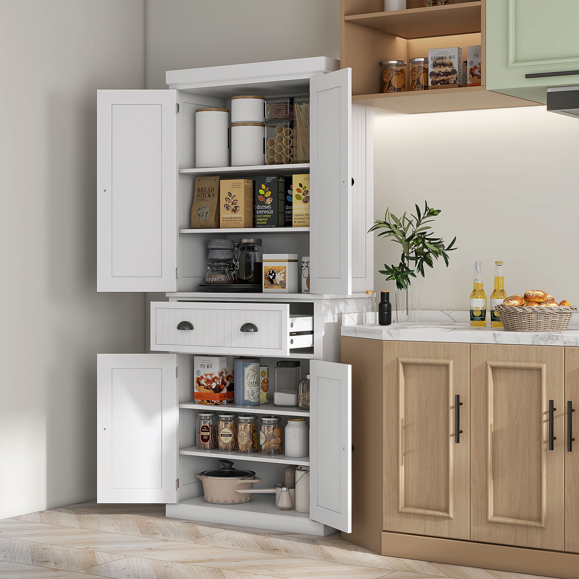 Homcom - 72" Kitchen Pantry, Tall Storage Cabinet, Freestanding Cupboard With Drawer, Doors And Adjustable Shelves - White - Best Buy Furniture