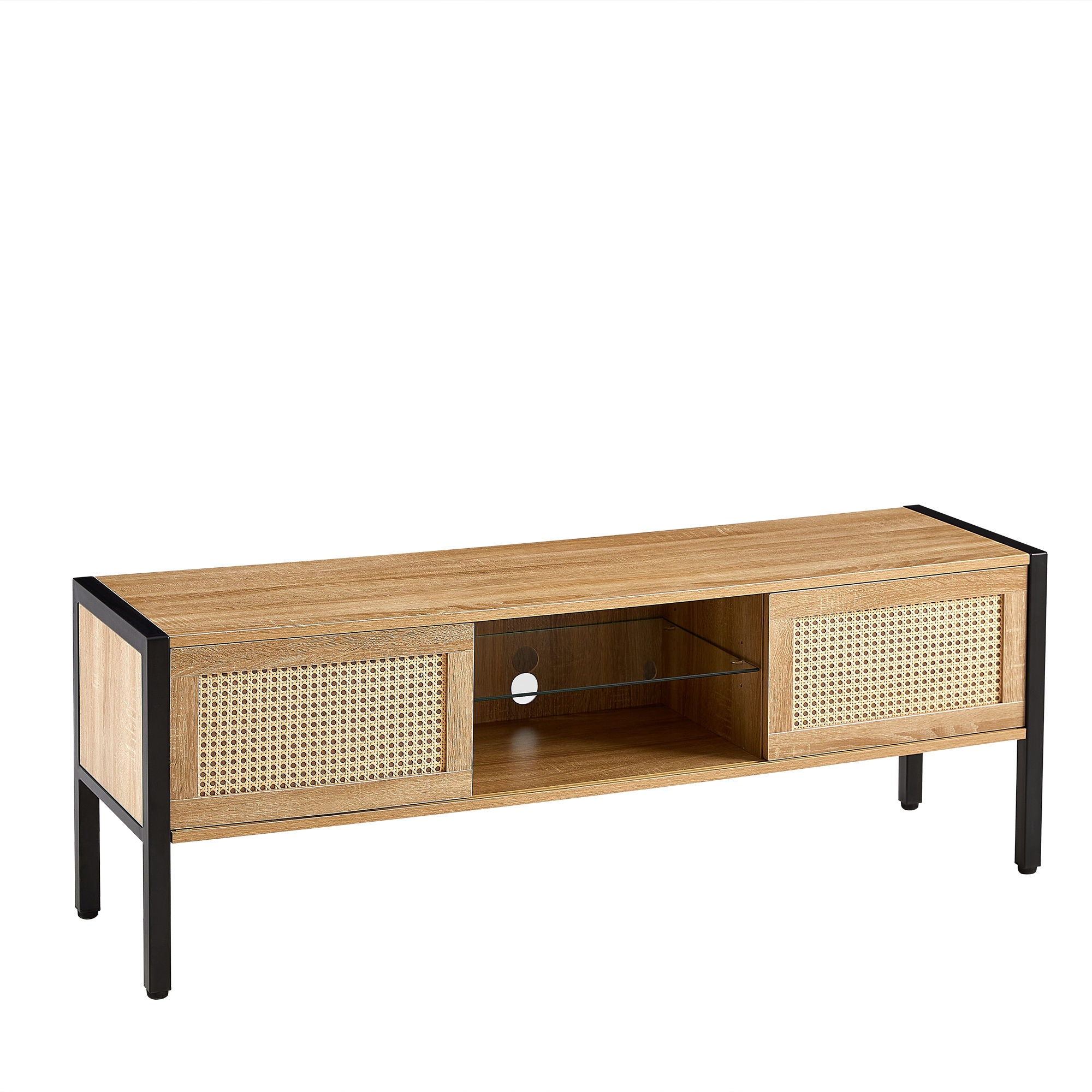 Rattan TV Cabinet With Variable Color Light Strip, Double Sliding Doors For Storage, Adjustable Shelf, Metal Legs, TV Console For Living Room - Best Buy Furniture