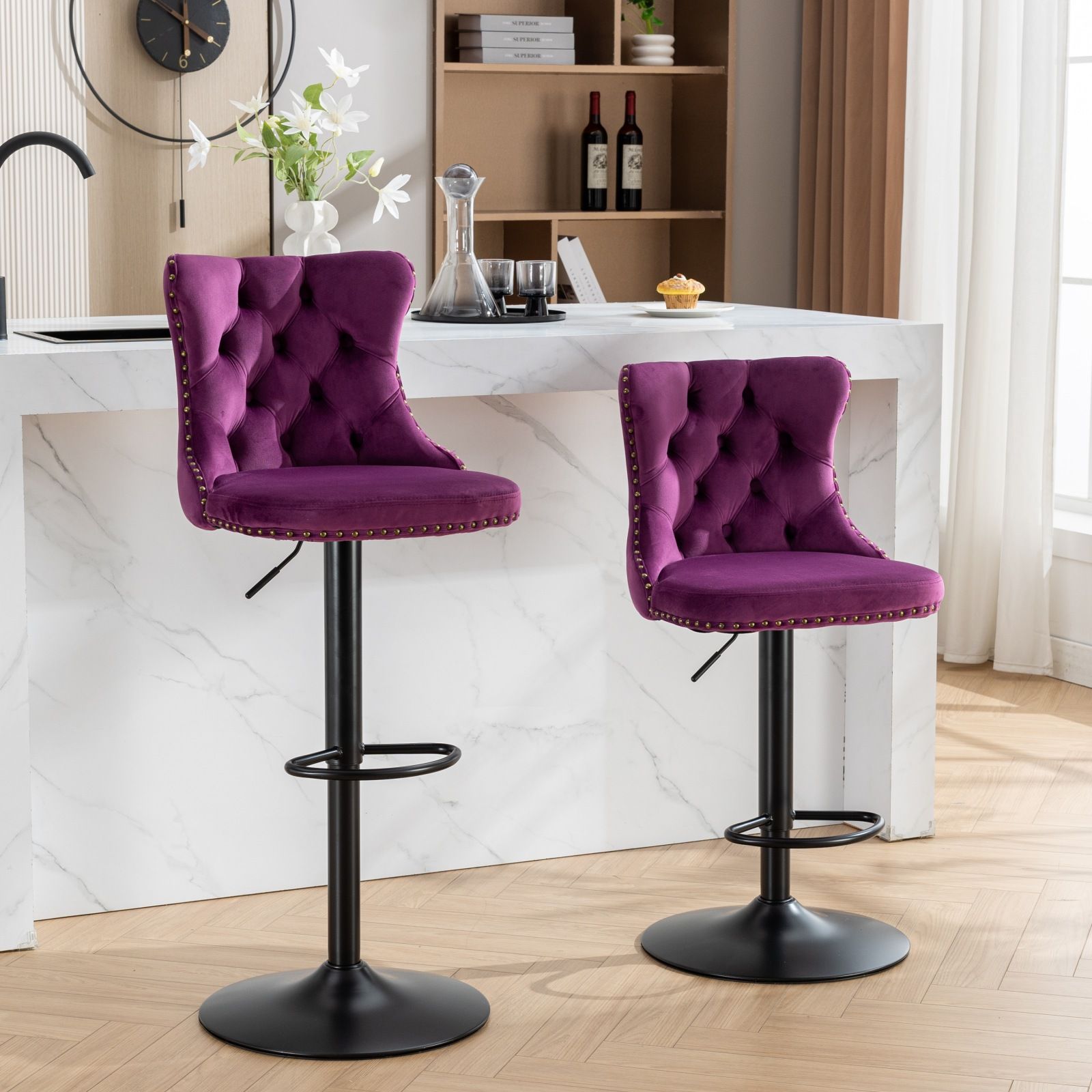 Swivel Velvet Barstools Adjusatble Seat Height, Modern Upholstered Bar Stools With Backs Comfortable Tufted For Home Pub And Kitchen Island (Set of 2) - Best Buy Furniture