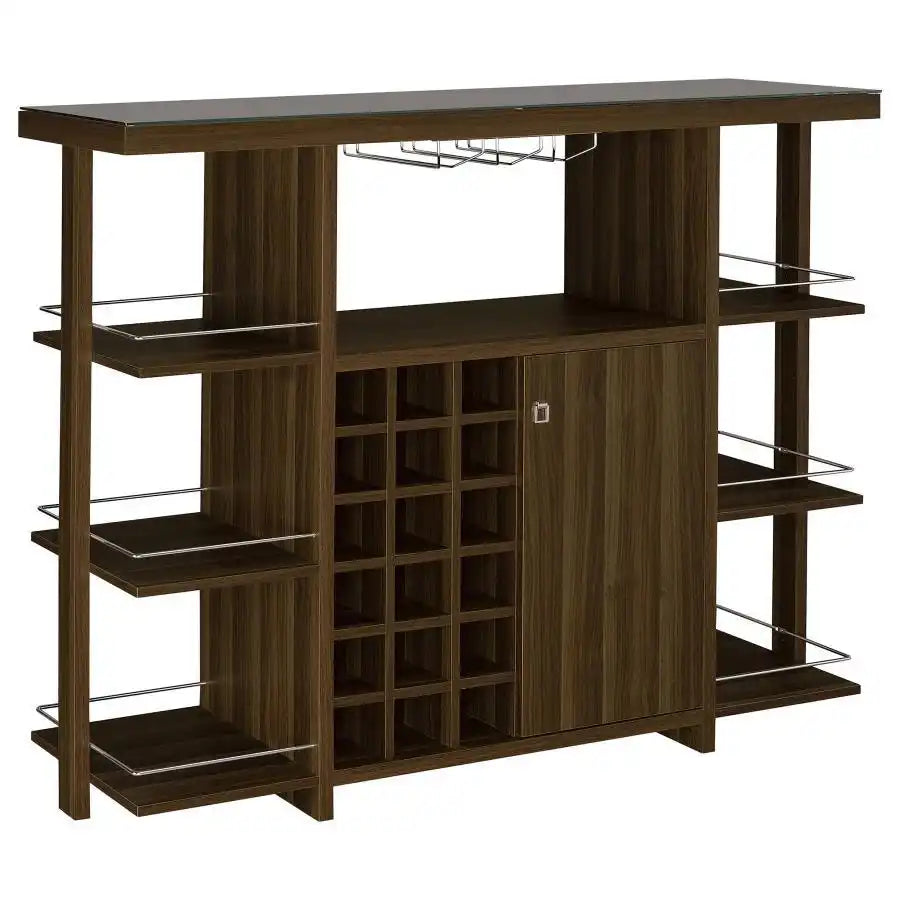 Evelio - 6-Shelf Glass Top Home Bar Wine Cabinet - Walnut - Best Buy Furniture