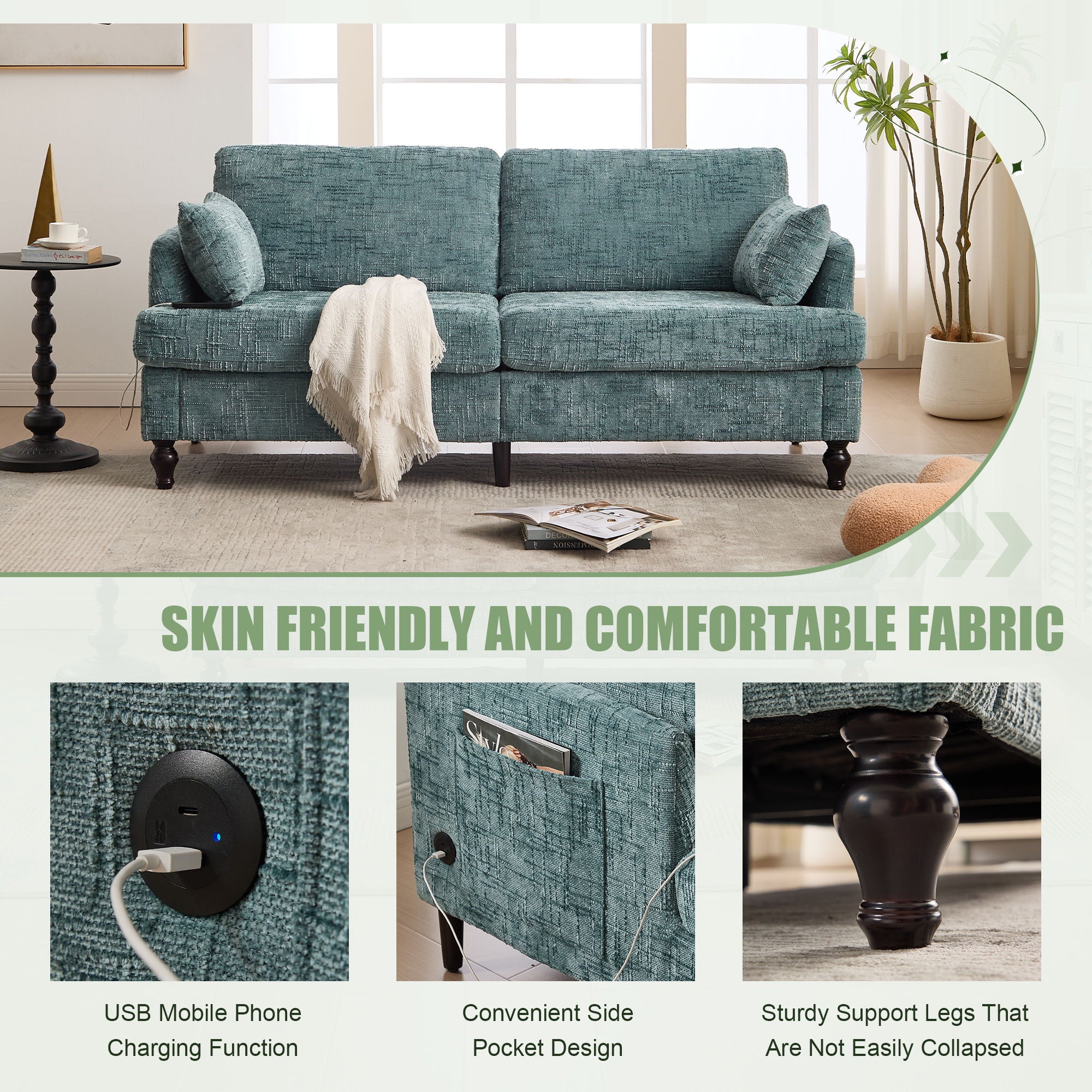 Chenille 2 Seater Sofa With LED Light, USB Charging Port, And Storage Bag - Best Buy Furniture