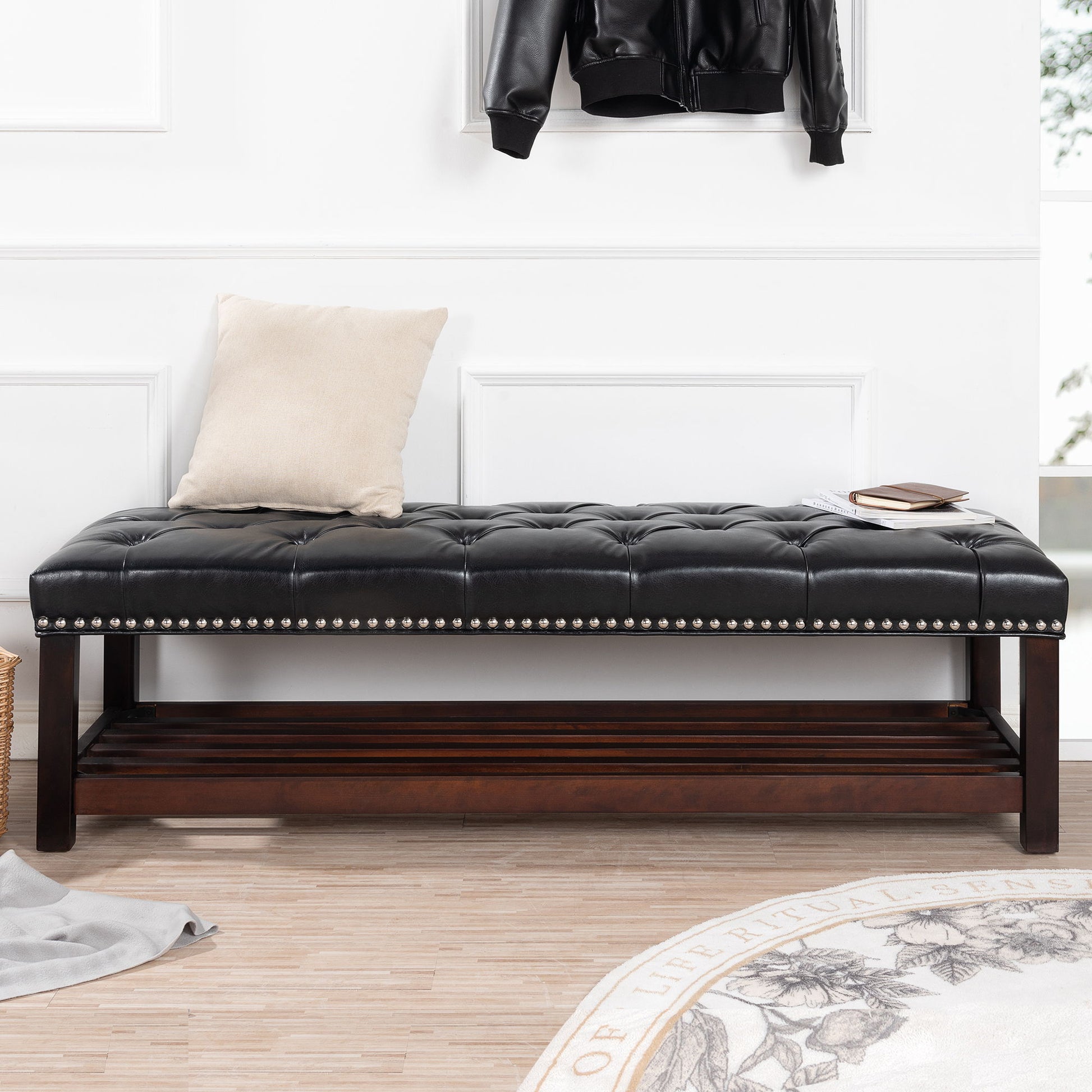 Bedroom End Of Bed Bench Tufted Upholstered End Of Bed Bench End Of Bed Entrance Shoe Bench With Nailhead Trim And Shelf Bedroom Upholstered Leather Bench Living Room Shoe Rack Footstool - Best Buy Furniture