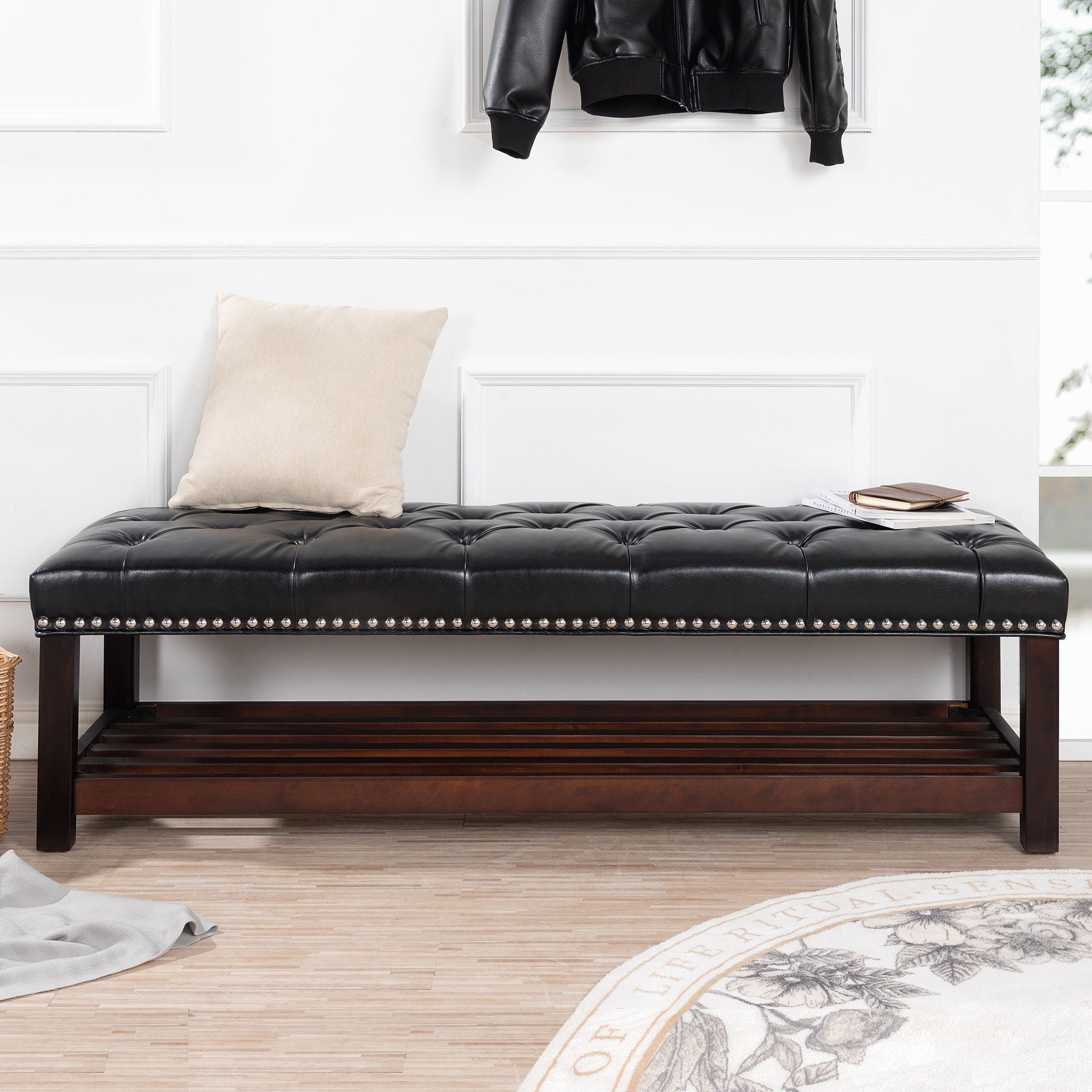 Bedroom End Of Bed Bench Tufted Upholstered End Of Bed Bench End Of Bed Entrance Shoe Bench With Nailhead Trim And Shelf Bedroom Upholstered Leather Bench Living Room Shoe Rack Footstool - Best Buy Furniture