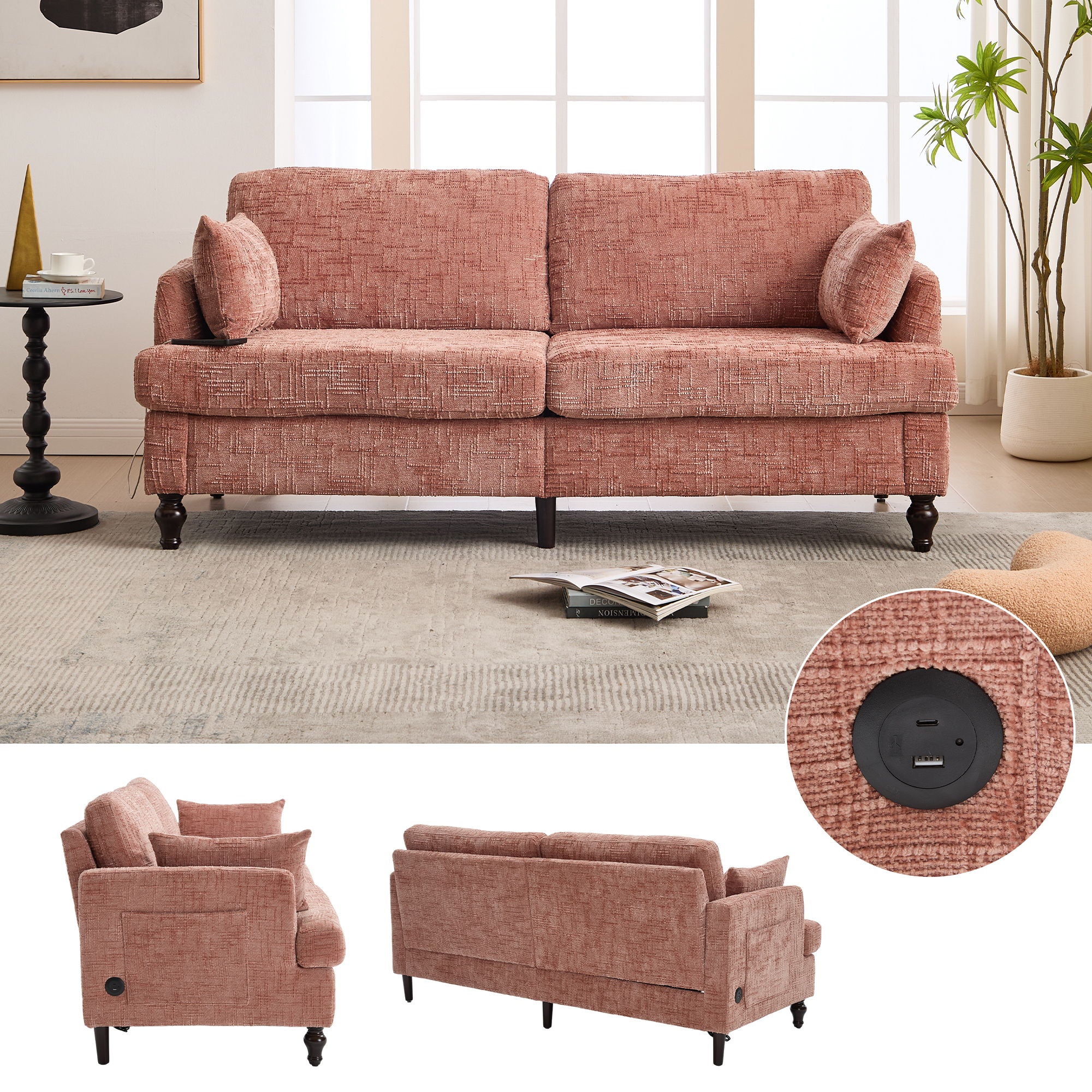 Chenille 2 Seater Sofa With LED Light, USB Charging Port, And Storage Bag - Best Buy Furniture