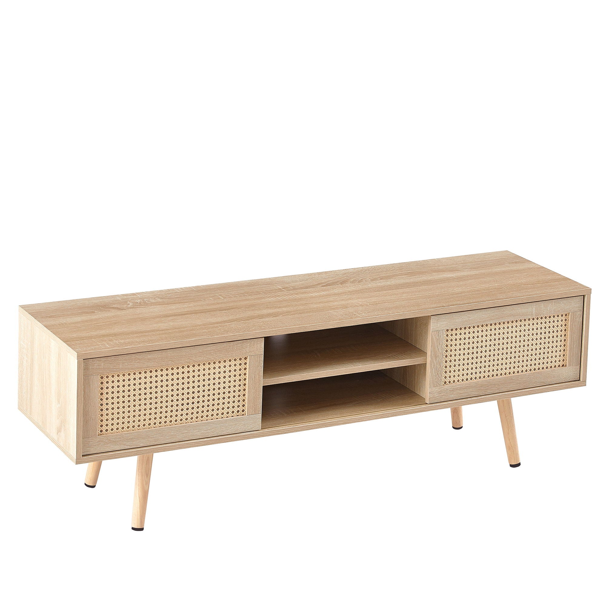 55.12" Rattan TV Cabinet, Double Sliding Doors For Storage, Adjustable Shelf, Solid Wood Legs, TV Console For Living Room - Best Buy Furniture