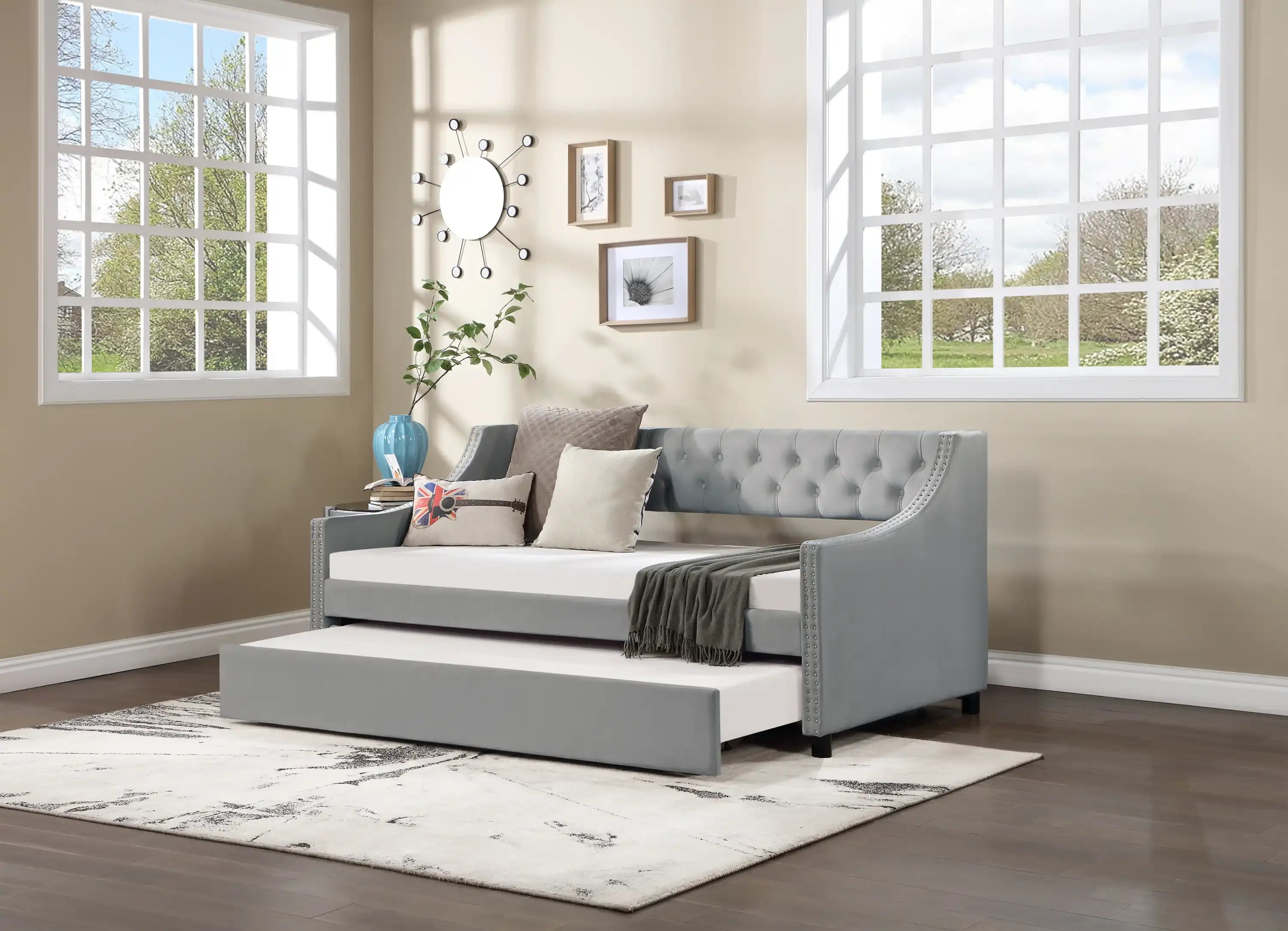 Twin Size Upholstered Daybed with Trundle, Wood Frame, Beige - Best Buy Furniture