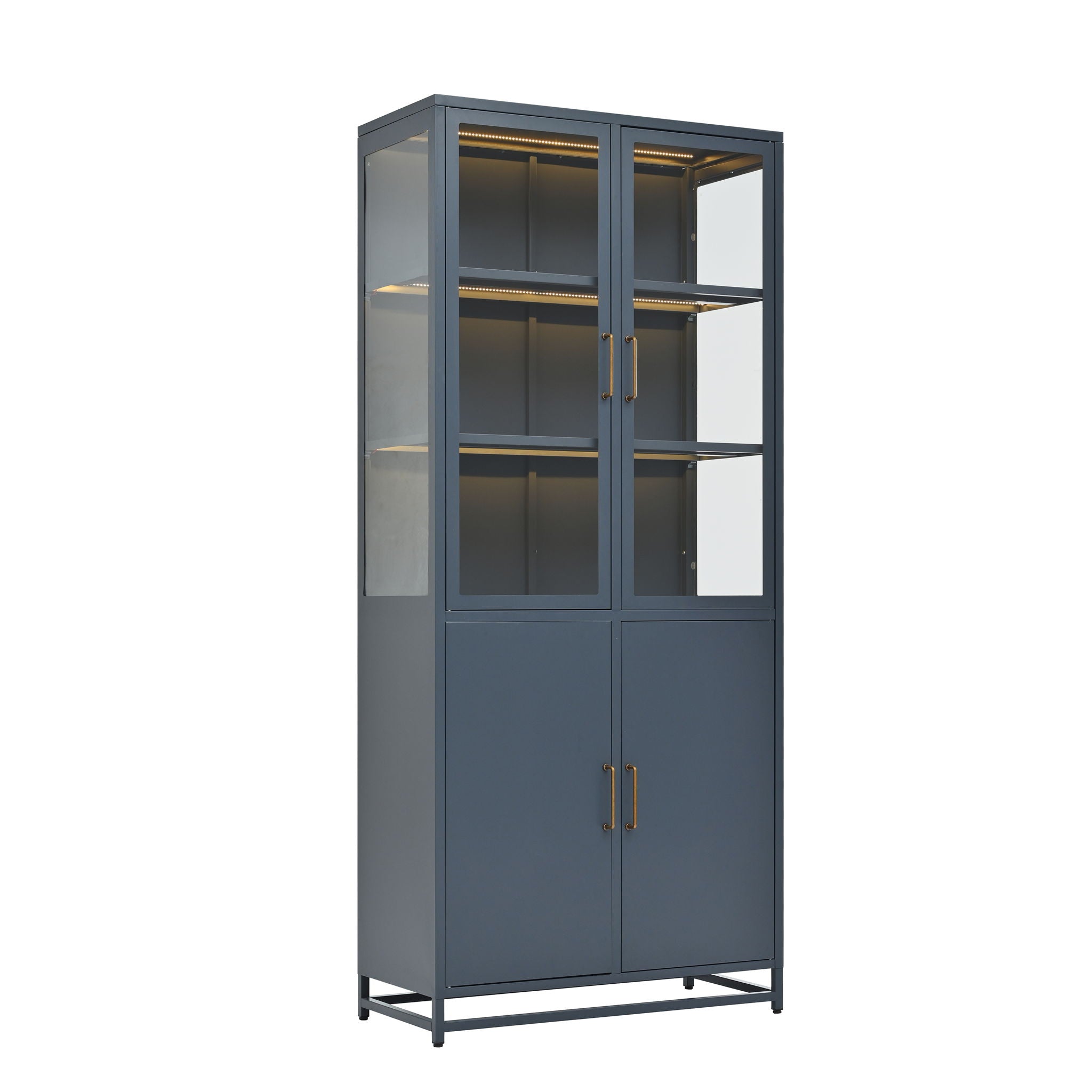 Modern Style Tall Steel Display Cabinet With Double Glass Doors, LED Lights - Best Buy Furniture