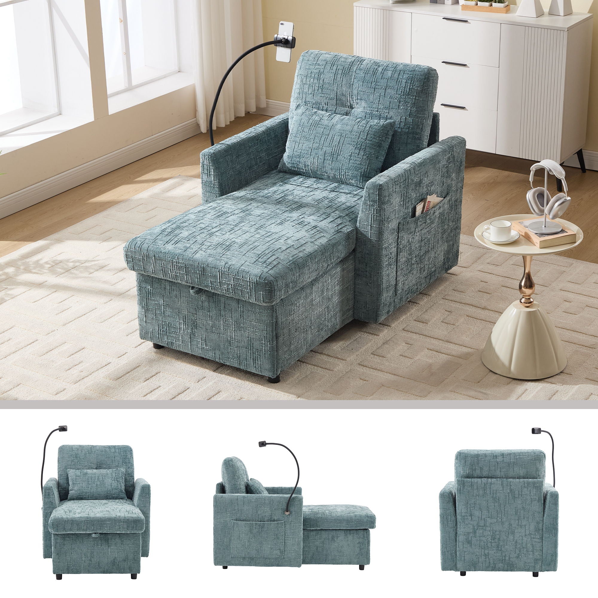 Multifunctional Chenille Recliner Sofa With Storage And Phone Bracket - Best Buy Furniture