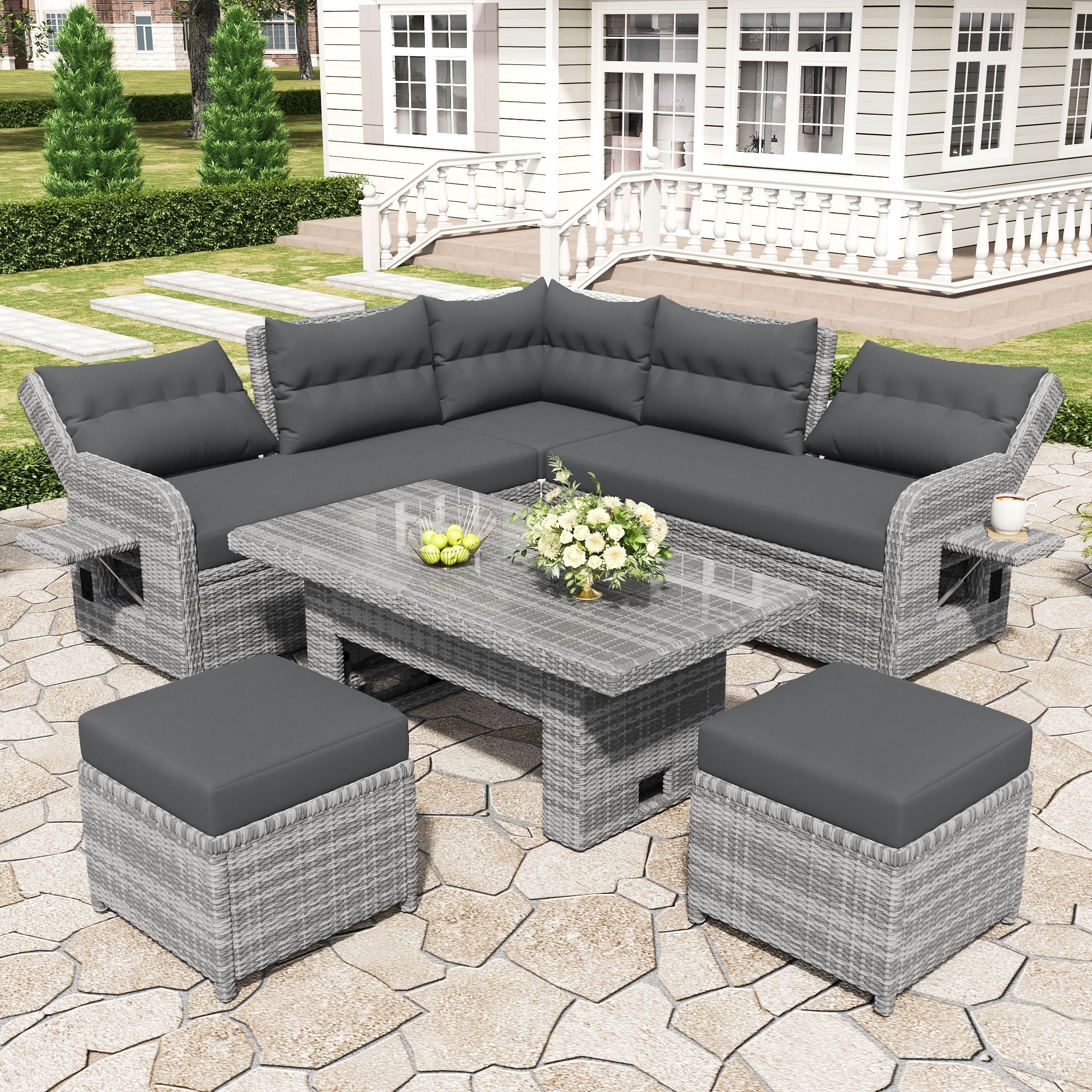 Outdoor Furniture Set Patio Rattan Furniture Set With Adjustable Table, Recliners With Extendable Side Tables And 2 Ottomans - Best Buy Furniture