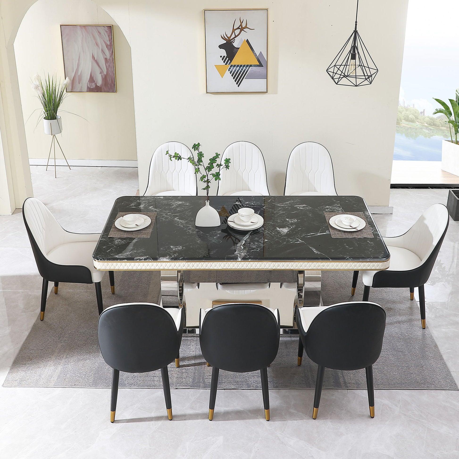 Luxury Modern Dining Table With 6 Chairs Marble Top Titanium Plated Base - Black - Best Buy Furniture