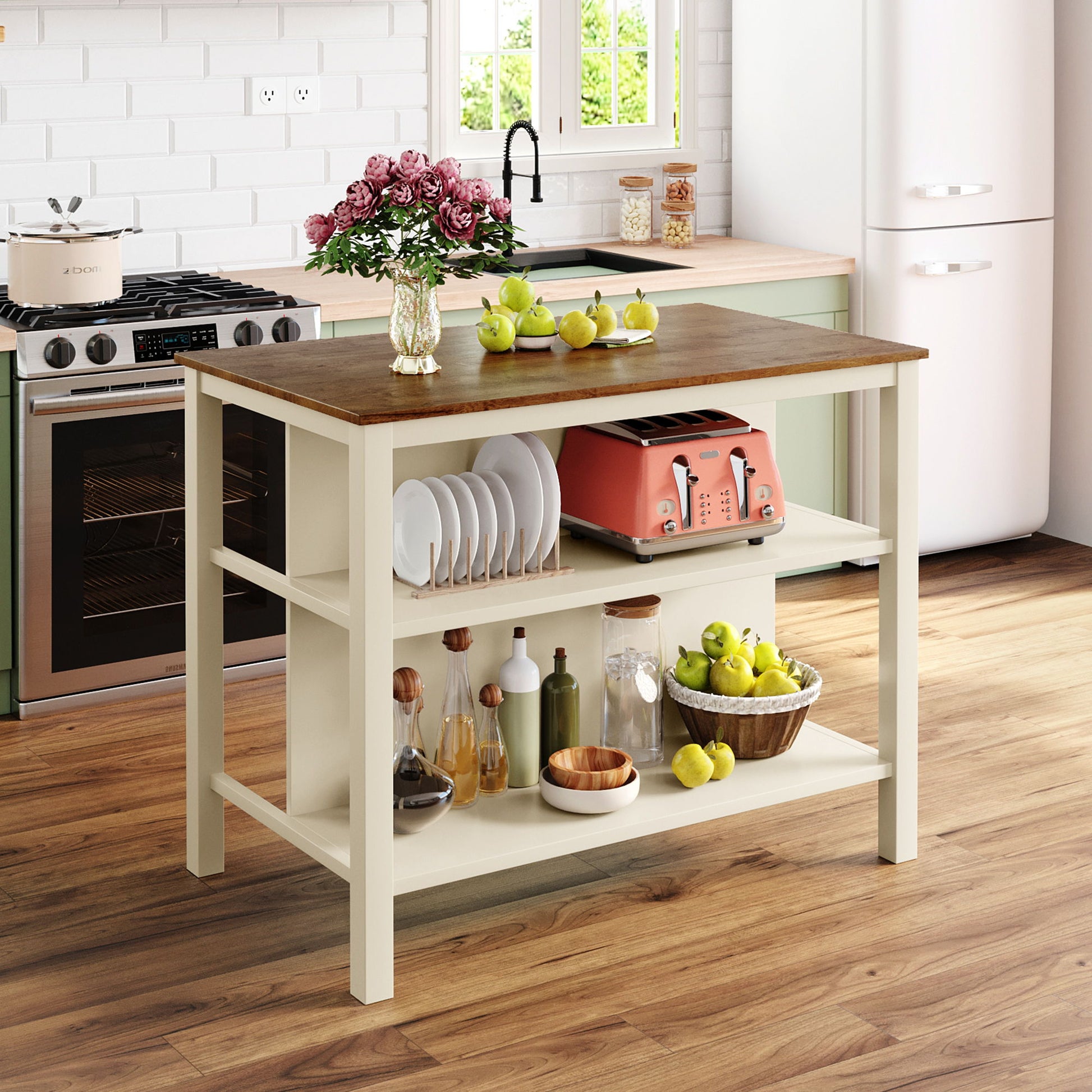 Rustic 3 Piece Stationary Kitchen Island Set With 2 Seatings, With 2 Open Shelves - Best Buy Furniture