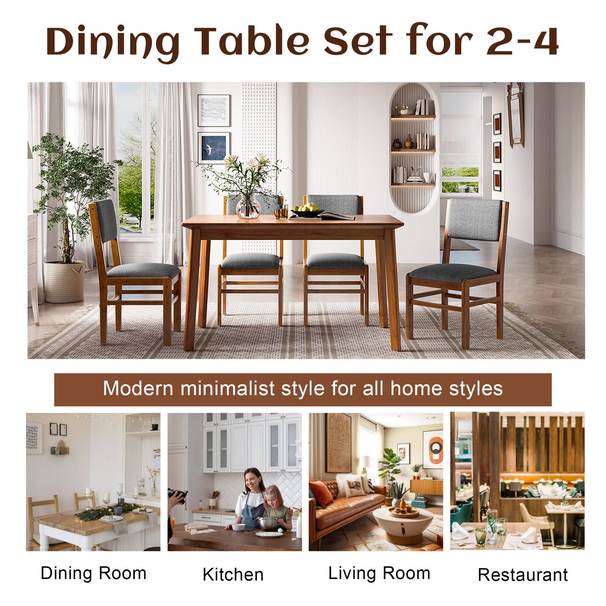 5 Pieces Rectangle Wooden Dining Table Set, Mid Century Modern Kitchen Table And 4 Upholstered Chairs For Home, Saving Space - Brown / Gray - Best Buy Furniture