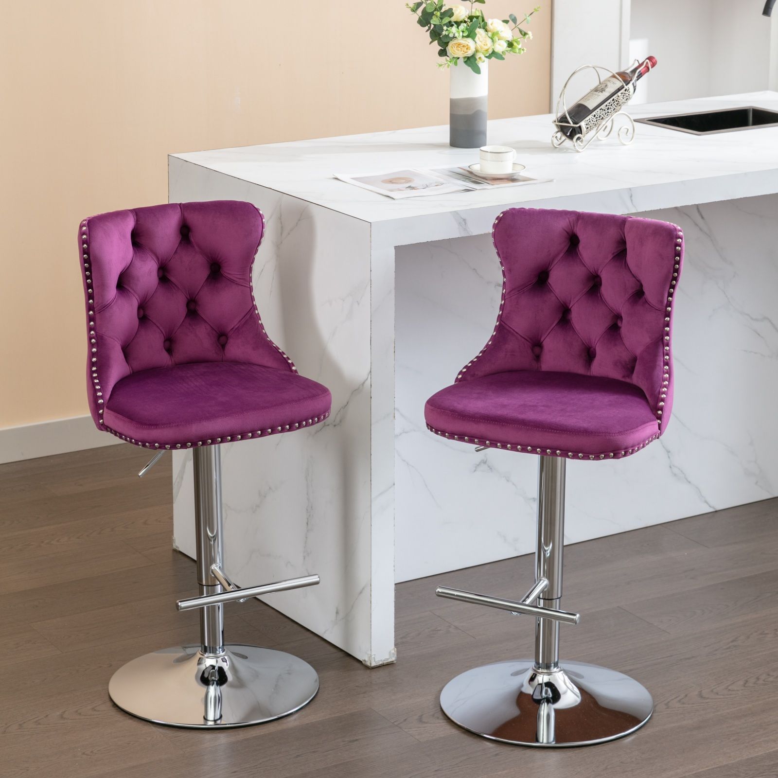 Swivel Velvet Barstools Adjusatble Seat Height From 25-33", Modern Upholstered Chrome Base Bar Stools With Backs Comfortable Tufted For Home Pub And Kitchen Island (Set of 2) - Best Buy Furniture