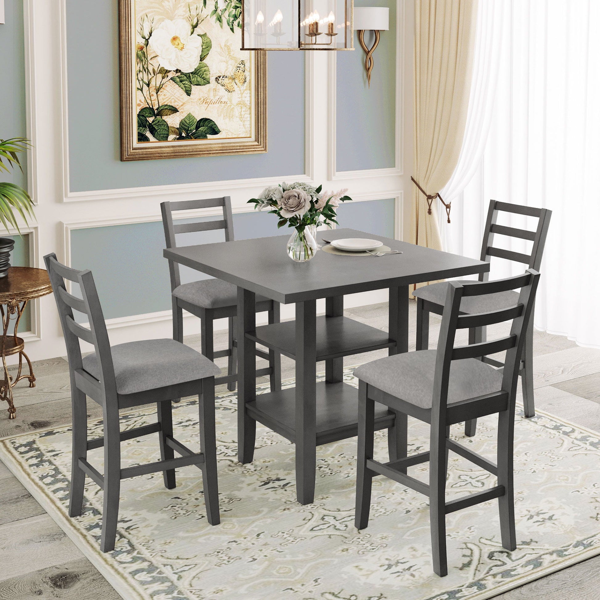 5 Piece Wooden Counter Height Dining Set With Padded Chairs, Storage Shelving - Best Buy Furniture