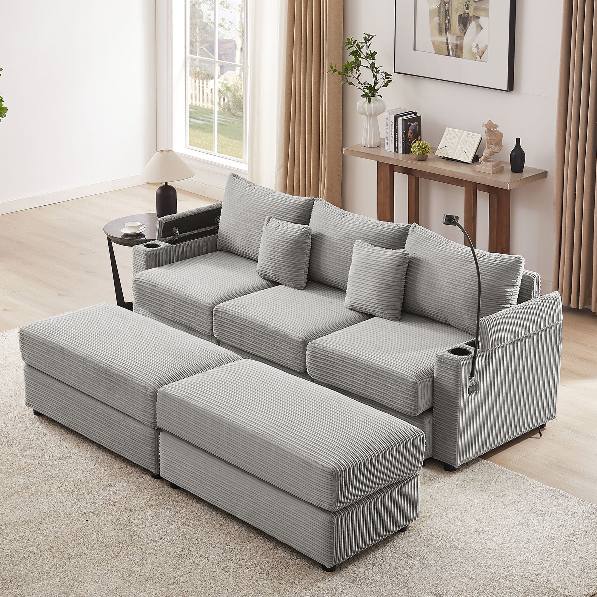 Modern Style Loveseat Sofa Sectional Sofa Couch With Storage Space, A Movable Ottoman, Two USB Ports, Two Cup Holders, A Phone Holder For Living Room - Best Buy Furniture