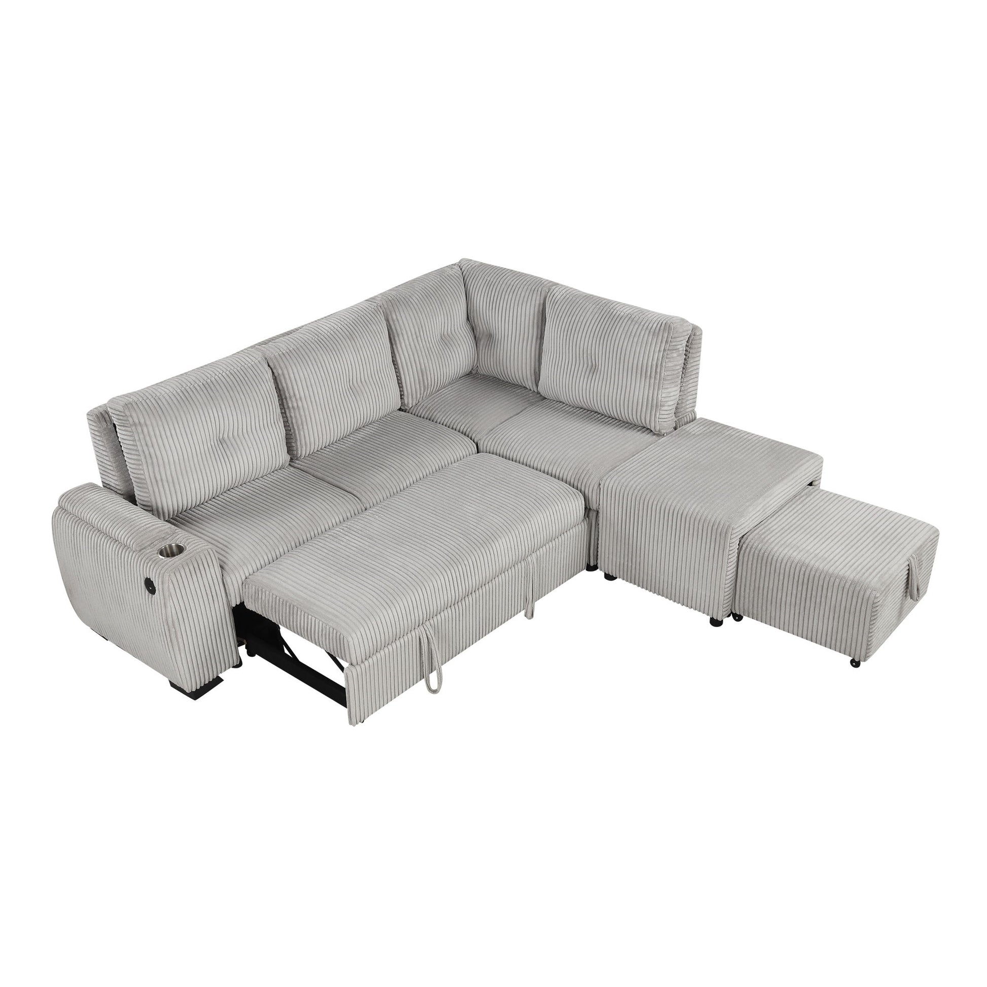Pull-Out L-Shaped Sectional Sofa With Movable Ottoman And Stool, Large Storage Space, A Cup Holder, And 2 USB Ports For Living Room - Best Buy Furniture