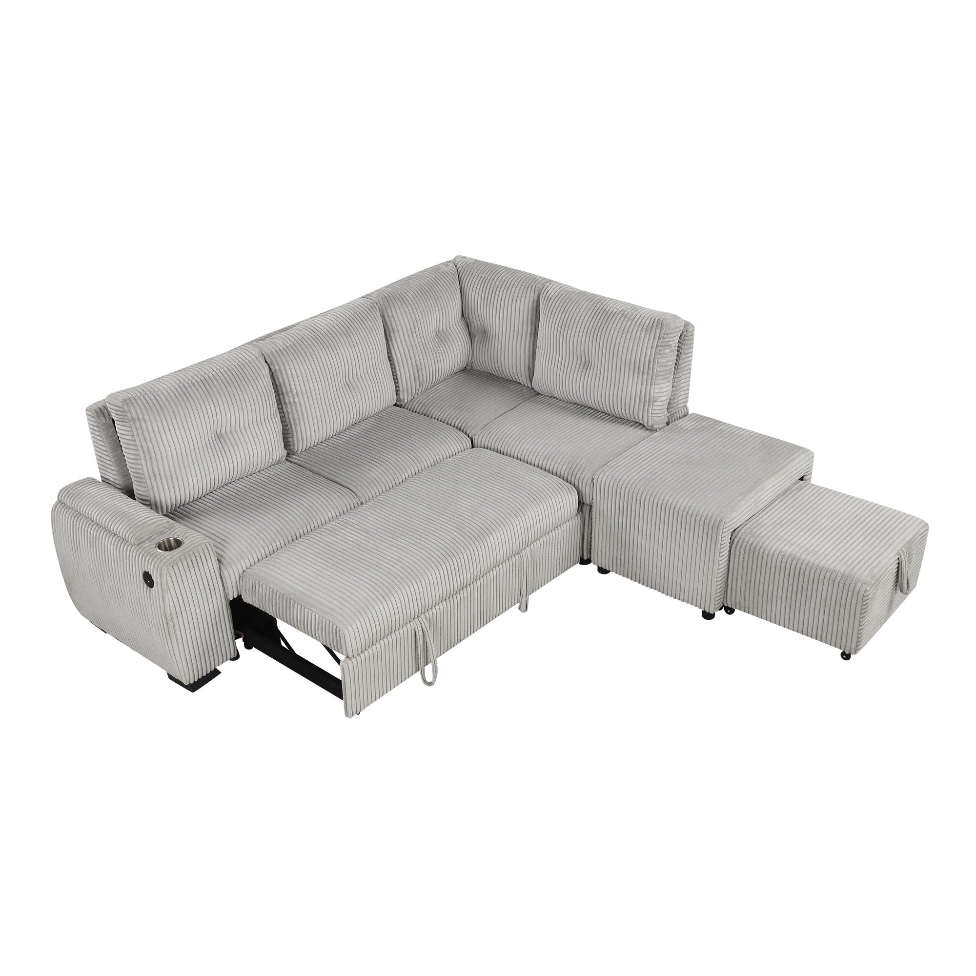 Pull-Out L-Shaped Sectional Sofa With Movable Ottoman And Stool, Large Storage Space, A Cup Holder, And 2 USB Ports For Living Room - Best Buy Furniture
