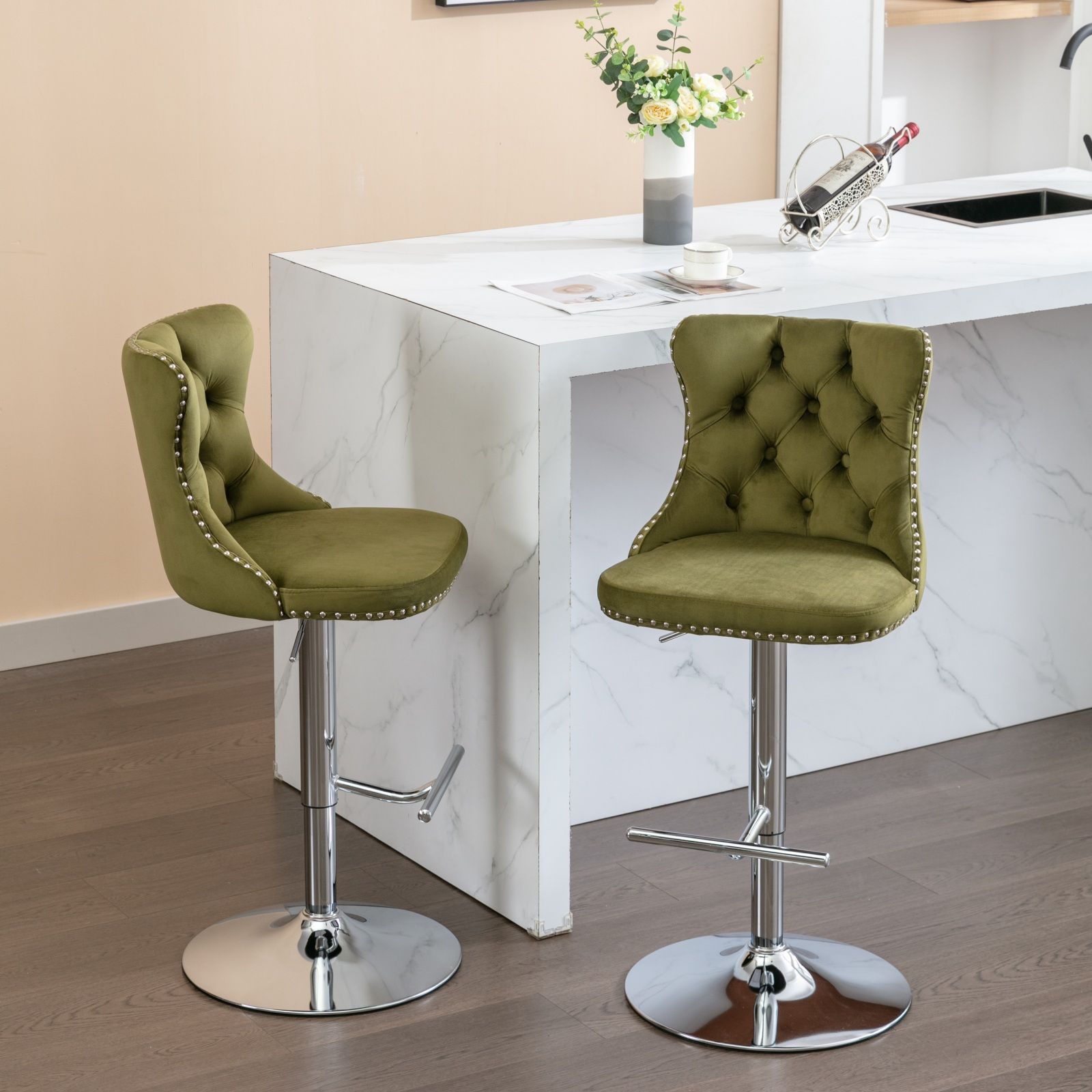 Swivel Velvet Barstools Adjusatble Seat Height From 25-33", Modern Upholstered Chrome Base Bar Stools With Backs Comfortable Tufted For Home Pub And Kitchen Island (Set of 2) - Best Buy Furniture