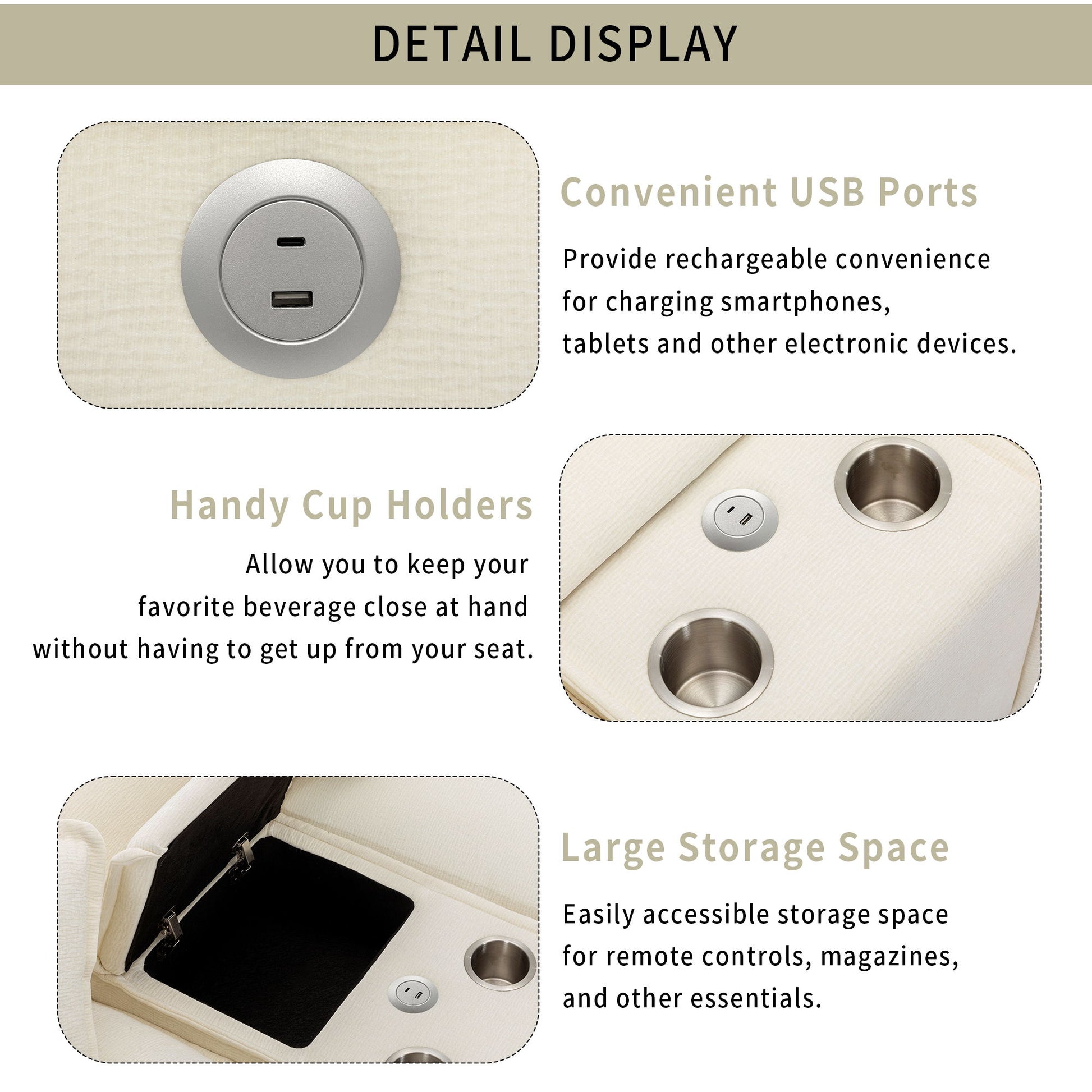 Sectional Sofa Chenille Upholstered Sofa With Two Removable Ottoman, Two USB Ports, Two Cup Holders And Large Storage Box For Living Room - Best Buy Furniture