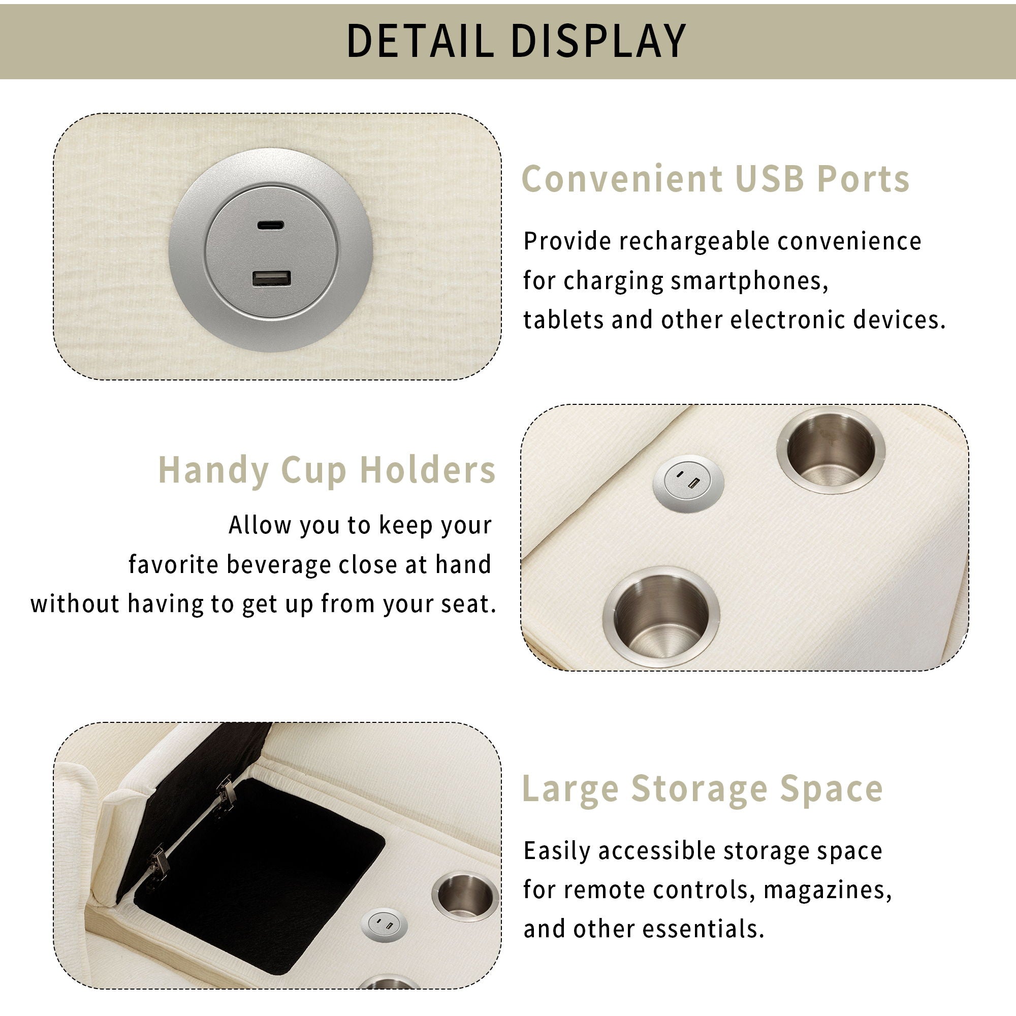 Sectional Sofa Chenille Upholstered Sofa With Two Removable Ottoman, Two USB Ports, Two Cup Holders And Large Storage Box For Living Room - Best Buy Furniture