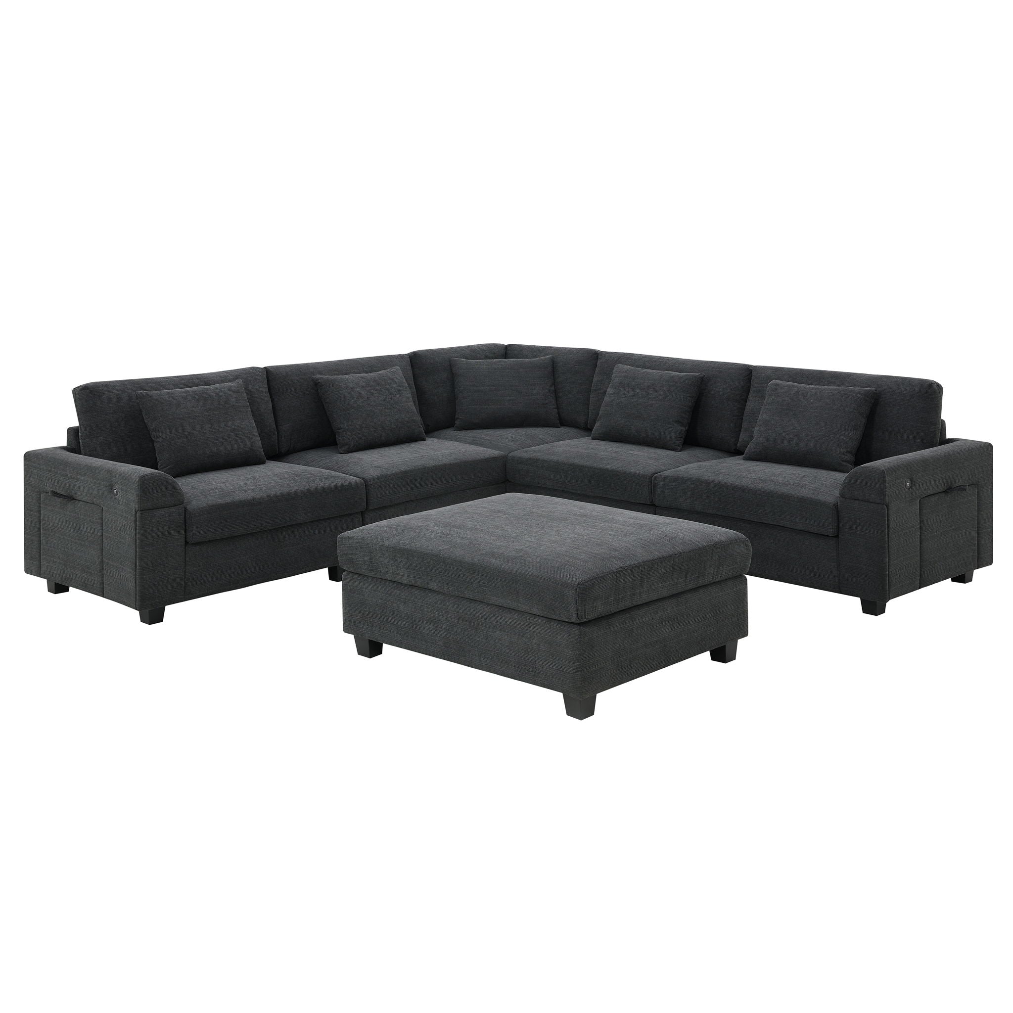 U Shaped Sectional Sofa 6 Seat Couch Set With Oversized Ottoman, Hidden Armrest Storage And Cup Holders USB Charging Ports Wide Seat Sofa - Best Buy Furniture