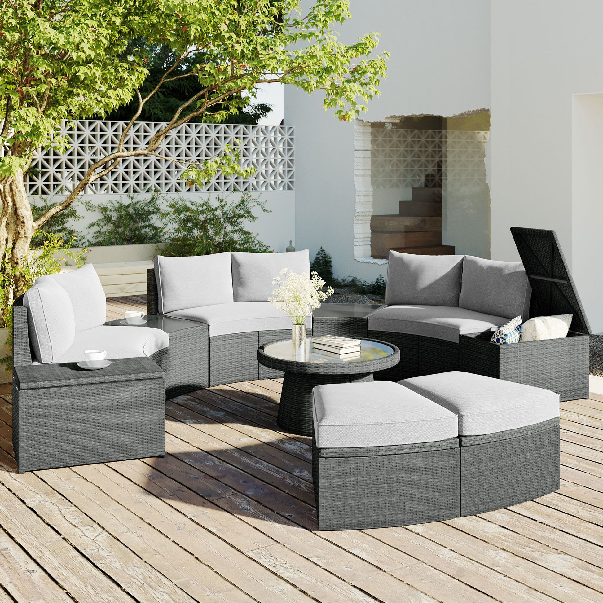 10 Piece Outdoor Sectional Half Round Patio Rattan Sofa Set - Best Buy Furniture