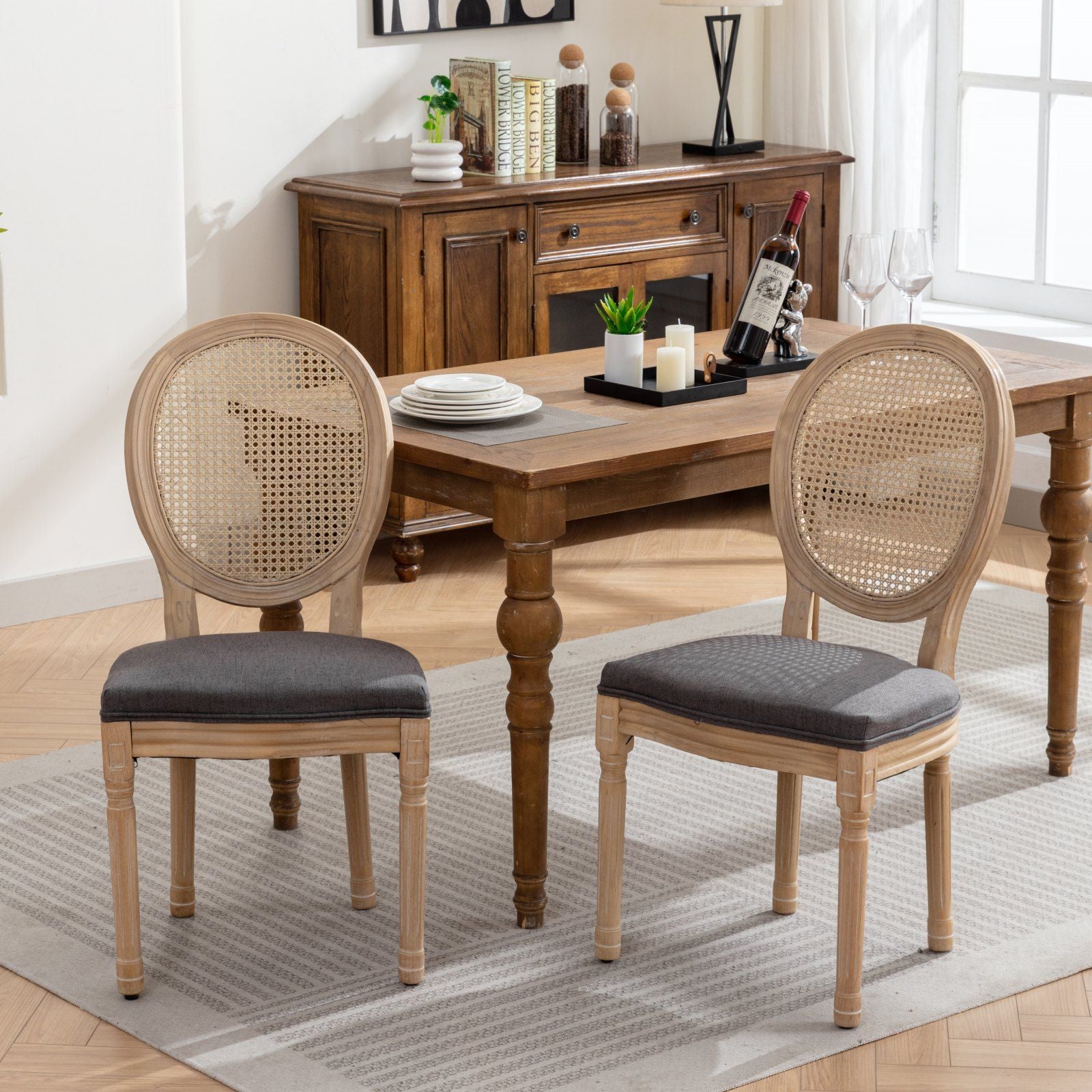 French Style Solid Wood Frame Antique Painting Linen Fabric Rattan Back Dining Chair (Set of 2) - Best Buy Furniture