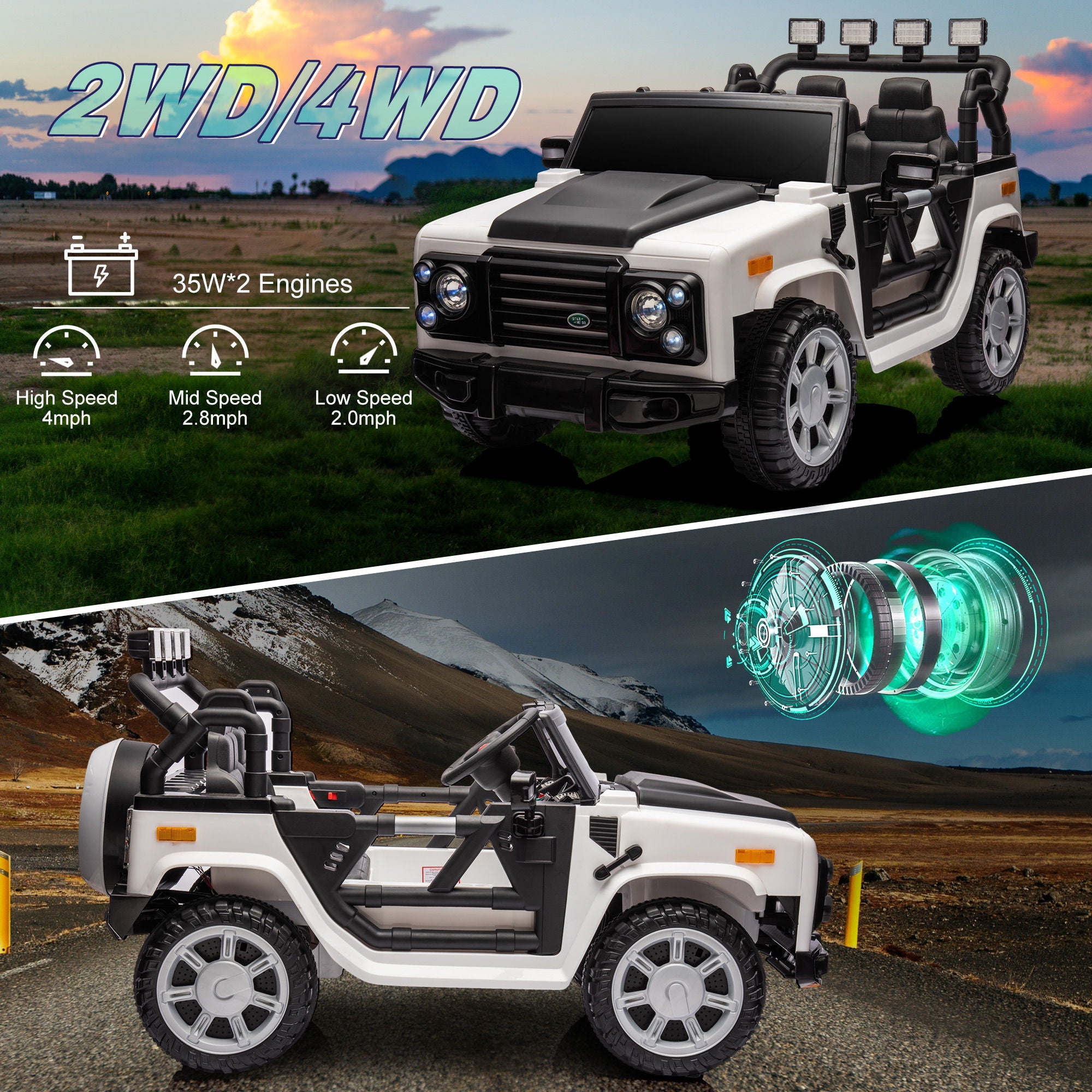 12V7A 30W*2 Four-Wheel Drive Leather Seat One Button Start, Forward And Backward, High And Low Speed, Music, Front Light, Power Display, Two Doors Can Open, 2.4G R / C, Seat Belt Four Wheel Absorber - Best Buy Furniture