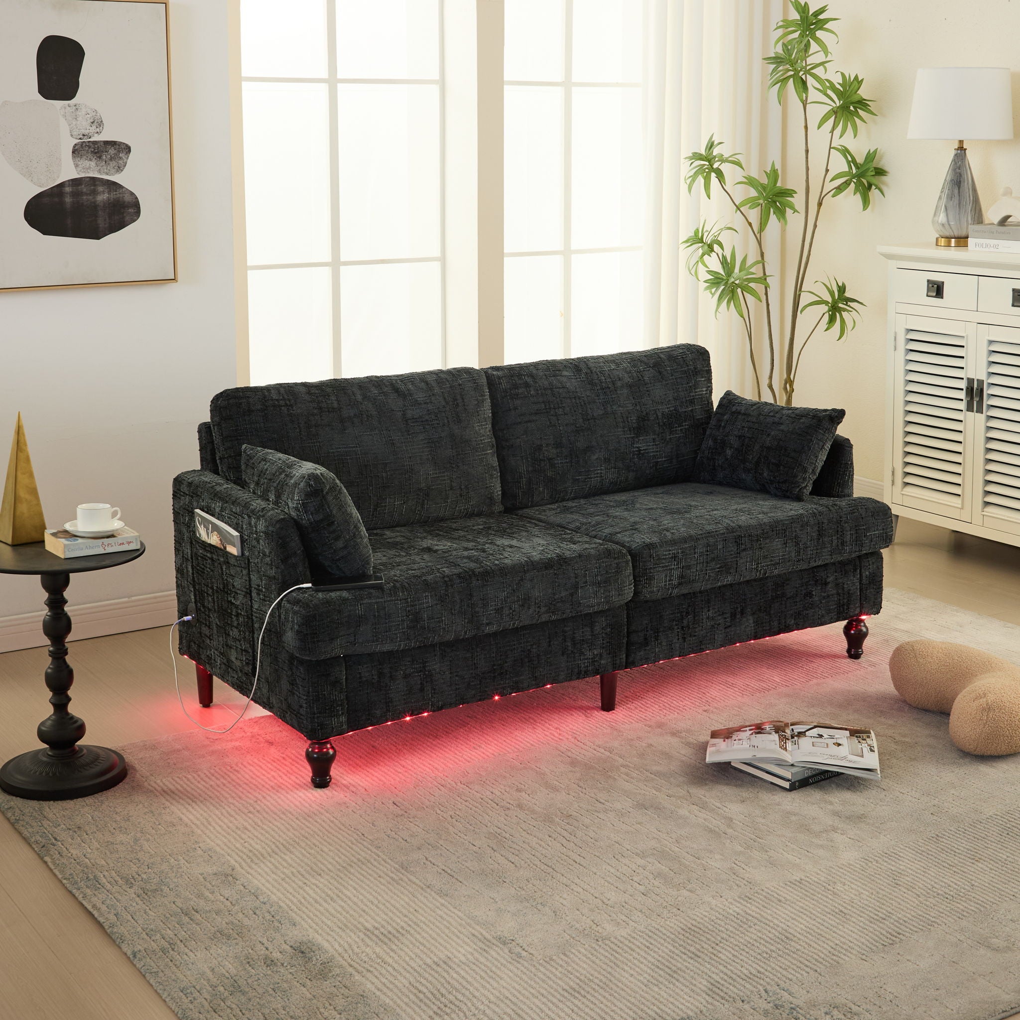 Chenille 2 Seater Sofa With LED Light, USB Charging Port, And Storage Bag - Best Buy Furniture