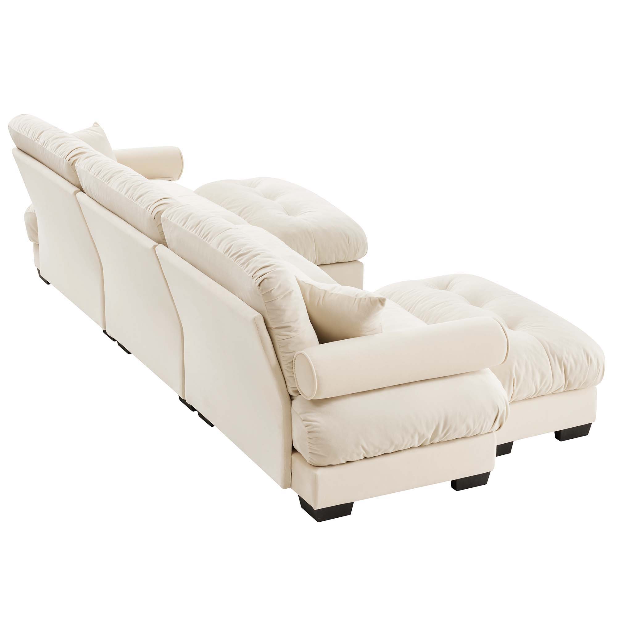 Modern Sectional Sofa With Ottoman, Round Bolster Armrests, Waist And Throw Pillows