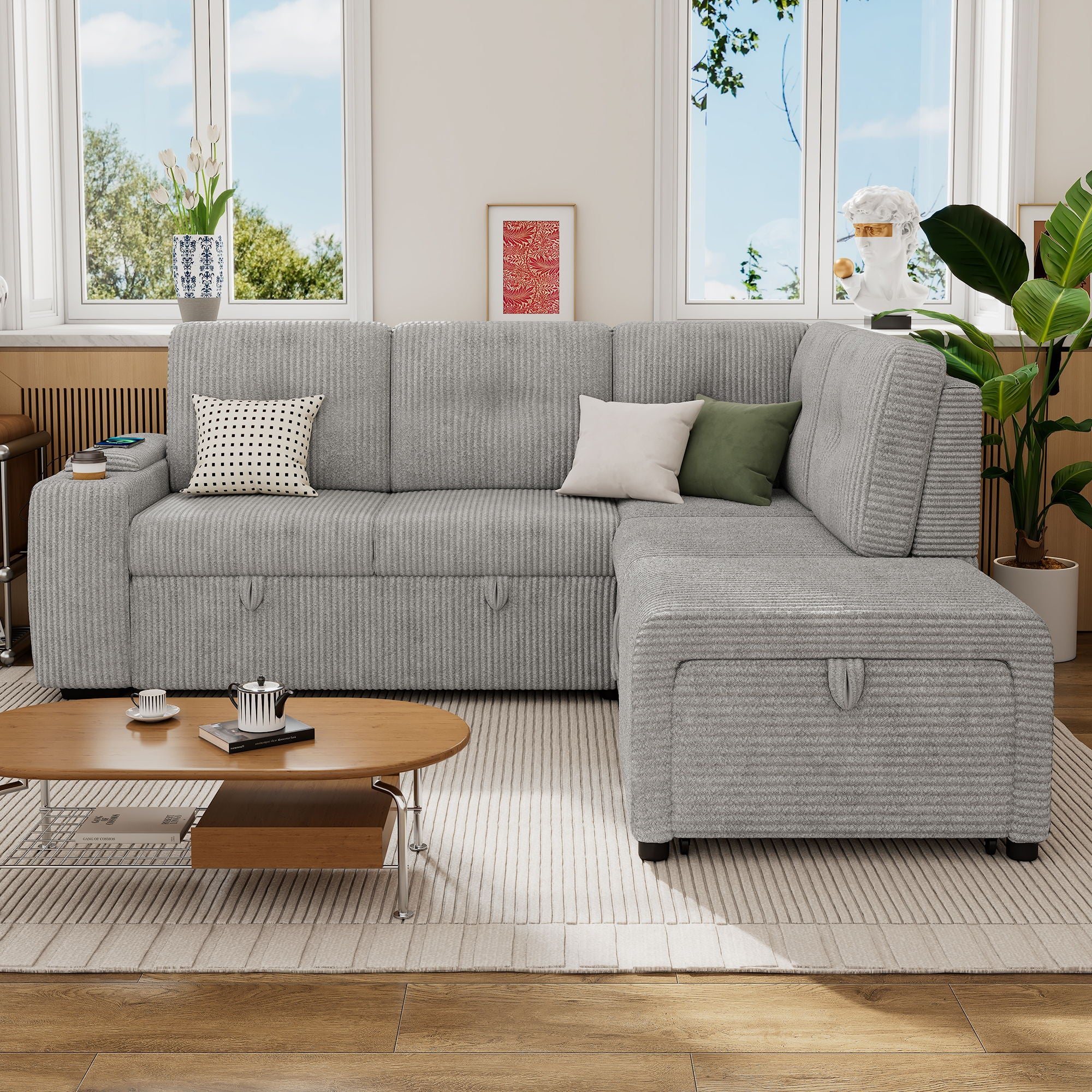 Pull-Out L-Shaped Sectional Sofa With Movable Ottoman And Stool, Large Storage Space, A Cup Holder, And 2 USB Ports For Living Room - Best Buy Furniture
