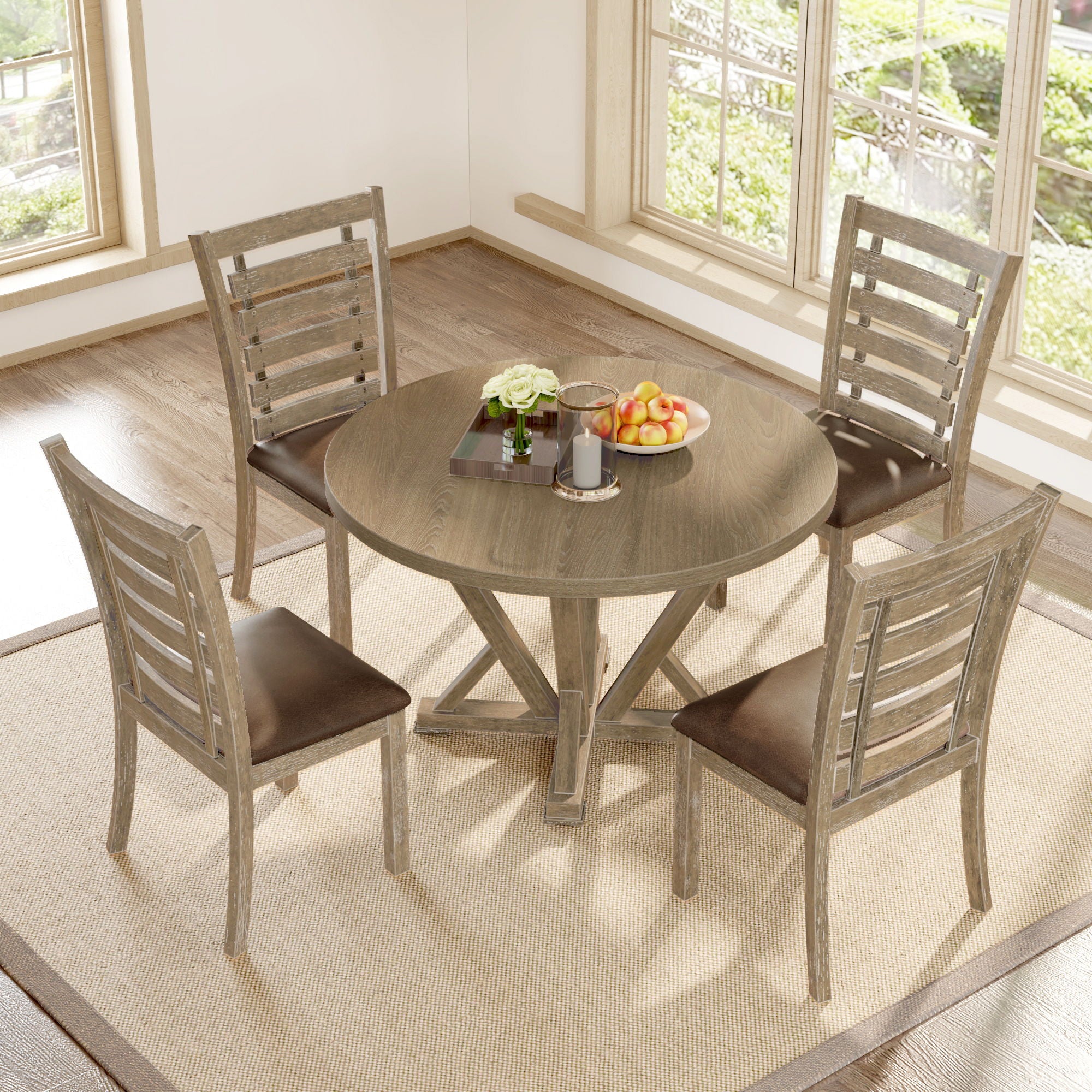 5 Pieces Table Set Round Dining Table Solid Wood Modern Farmhouse Rustic Look Distressed Look - Grayish Brown - Best Buy Furniture