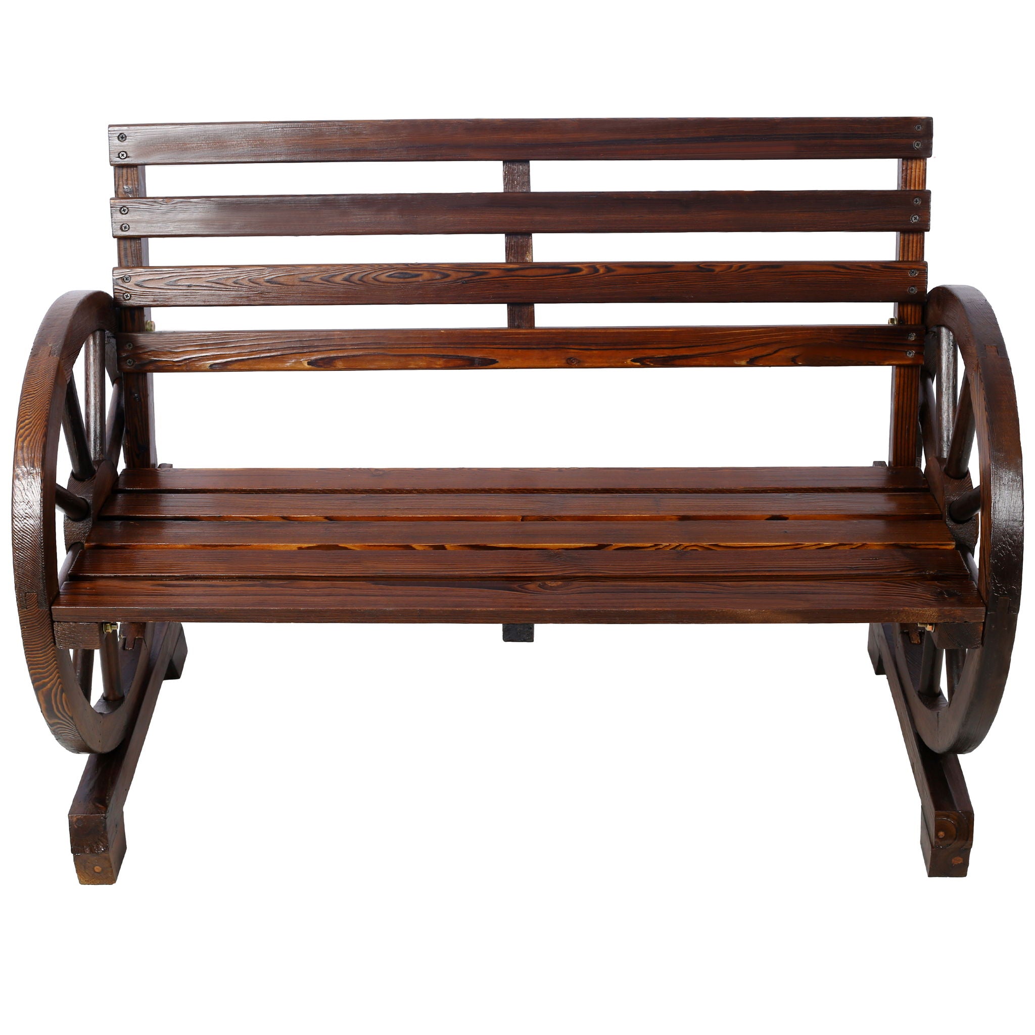 Rustic Country 2 Person Wooden Wagon Wheel Bench With Slatted Seat And Backrest - Brown - Best Buy Furniture