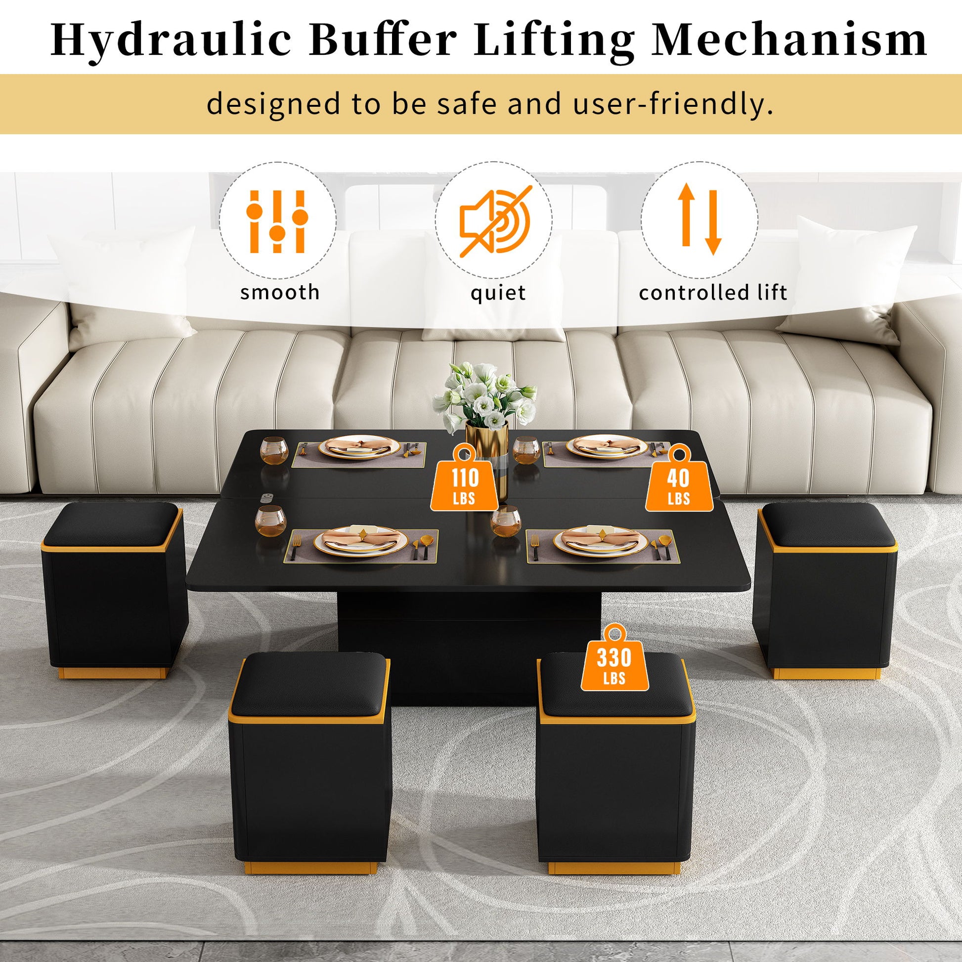 Multi Functional Adjustable Coffee Table With 4 Storage Stools - Best Buy Furniture