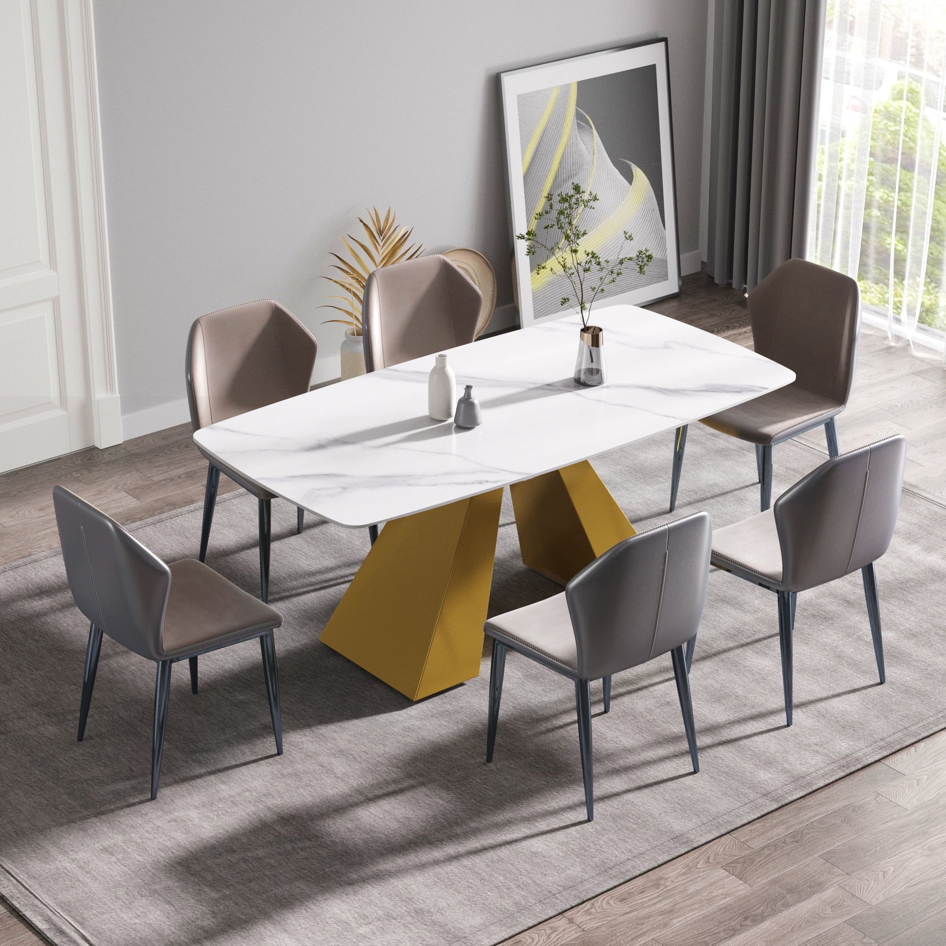 Modern Artificial Stone Curved Metal Leg Dining Table, Can Accommodate 6-8 People - White / Gold - Best Buy Furniture