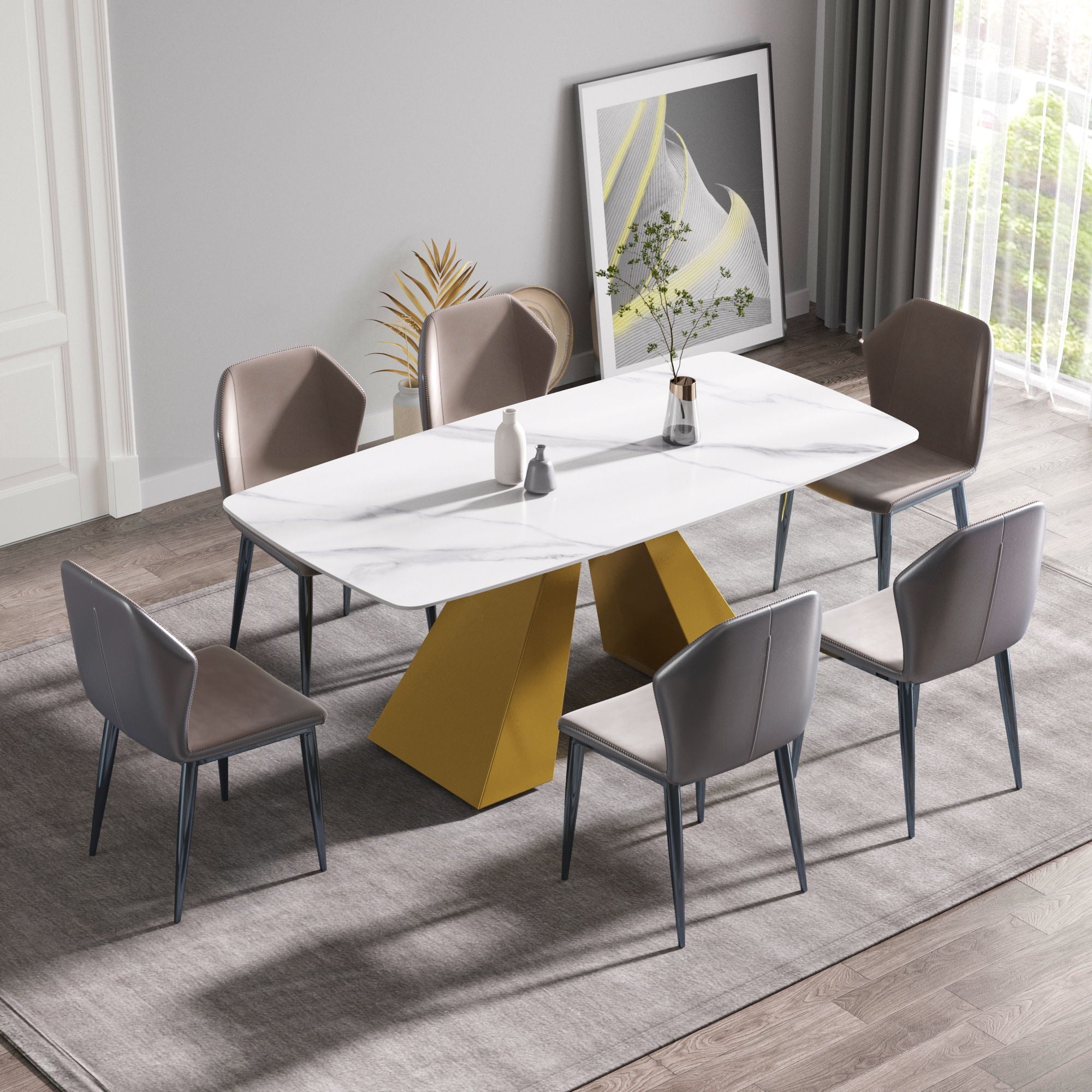 Modern Artificial Stone Curved Metal Leg Dining Table, Can Accommodate 6-8 People - White / Gold - Best Buy Furniture