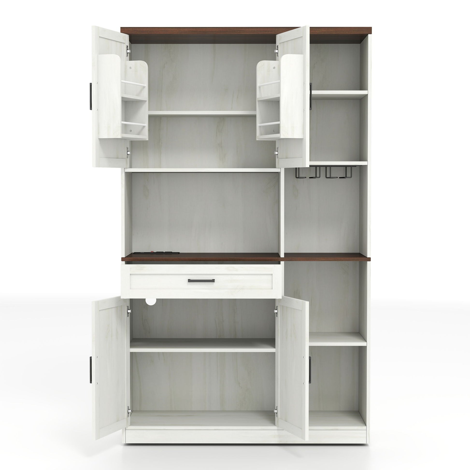 Farmhouse Kitchen Pantry Sideboard With Cabinet And Drawer, Multi Functional Kitchen Buffet With Hutch And Glass Holder, Microwave Stand With Charging Station - Brown / Antique White - Best Buy Furniture