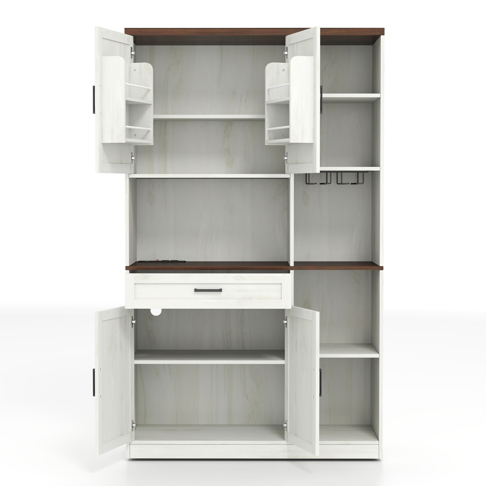 Farmhouse Kitchen Pantry Sideboard With Cabinet And Drawer, Multi Functional Kitchen Buffet With Hutch And Glass Holder, Microwave Stand With Charging Station - Brown / Antique White - Best Buy Furniture