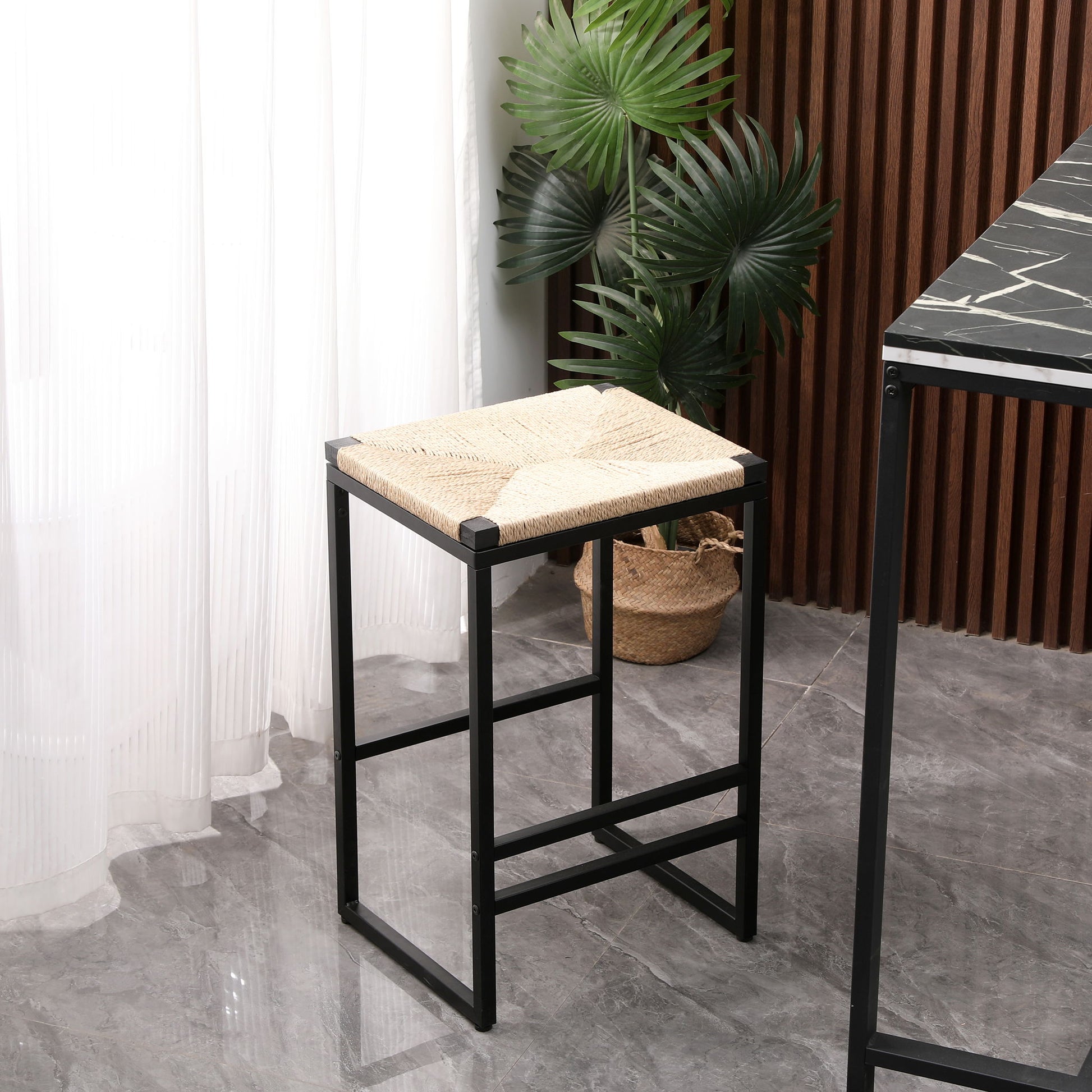 Boho Style Backless Bar Stools (Set of 2) With Paper Rope Woven Seat & Metal Frame For Kitchen Counter - Best Buy Furniture