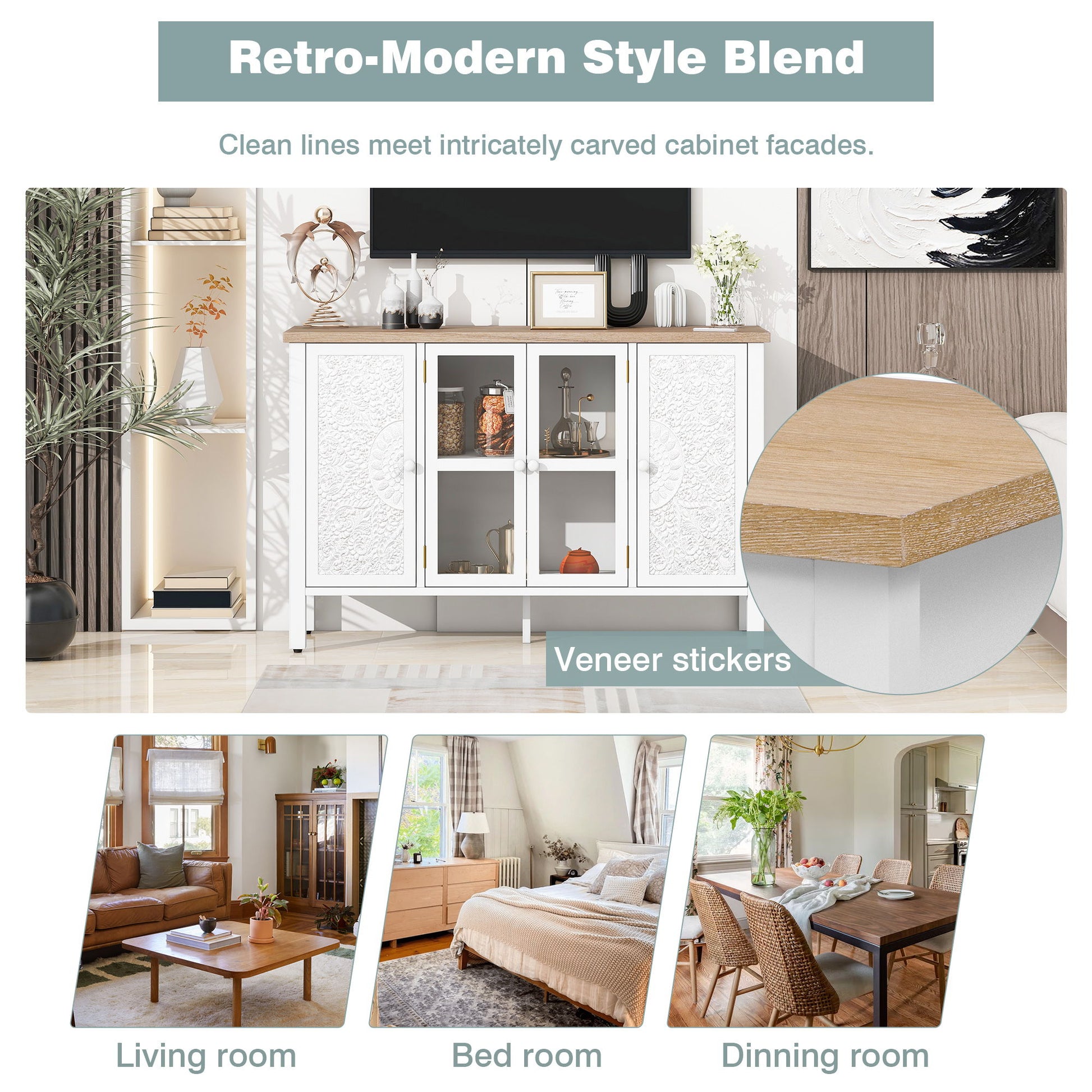 Retro TV Stand With 3 Spacious Cabinets, Glass Cabinet Doors And Anti-Tip Device - Best Buy Furniture