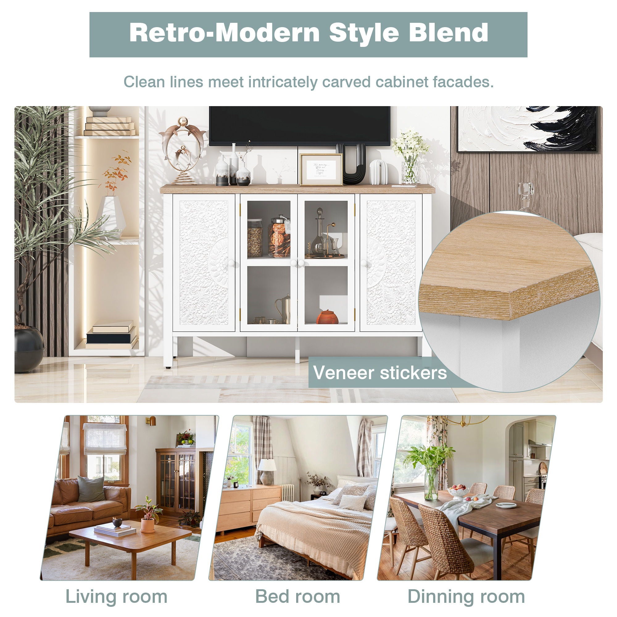 Retro TV Stand With 3 Spacious Cabinets, Glass Cabinet Doors And Anti-Tip Device - Best Buy Furniture