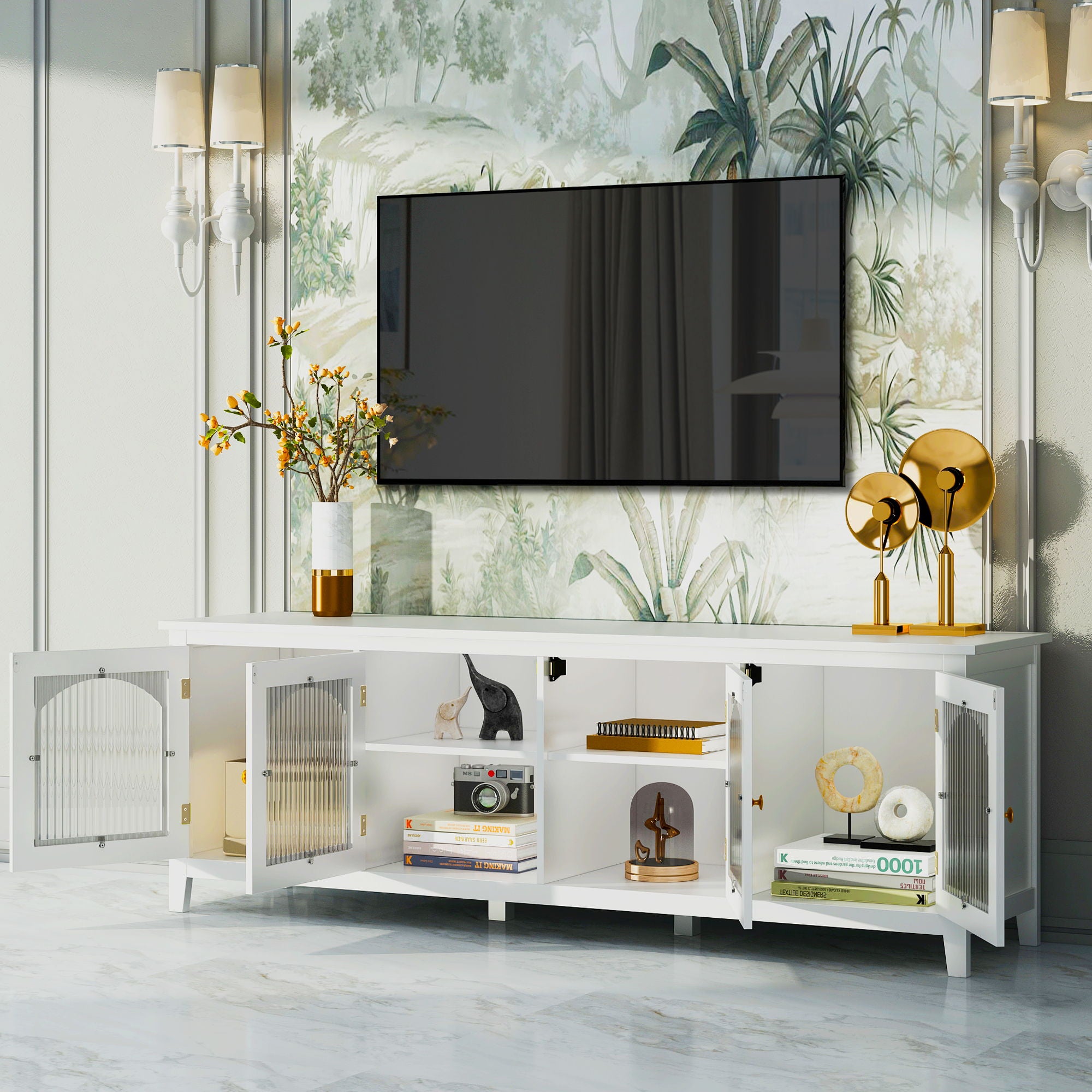 StylishTVcabinet Entertainment CenterTV Stand, TVconsoletable, Media Console, Solidwood Frame, Changhong Glass Door, Metal Handle - Best Buy Furniture