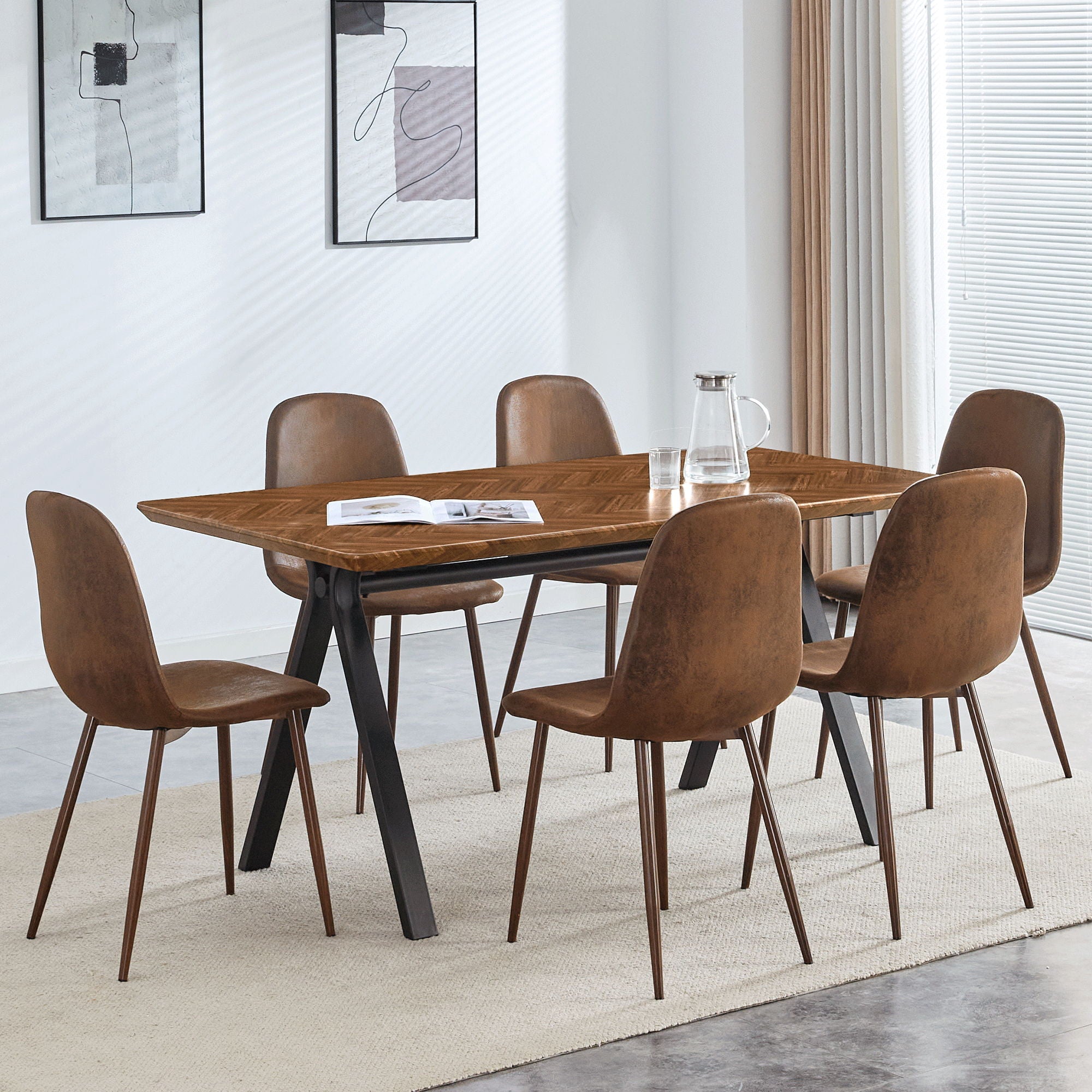 Suede Backrest Chairs With Metal Legs & Herringbone Dining Table Set - Best Buy Furniture