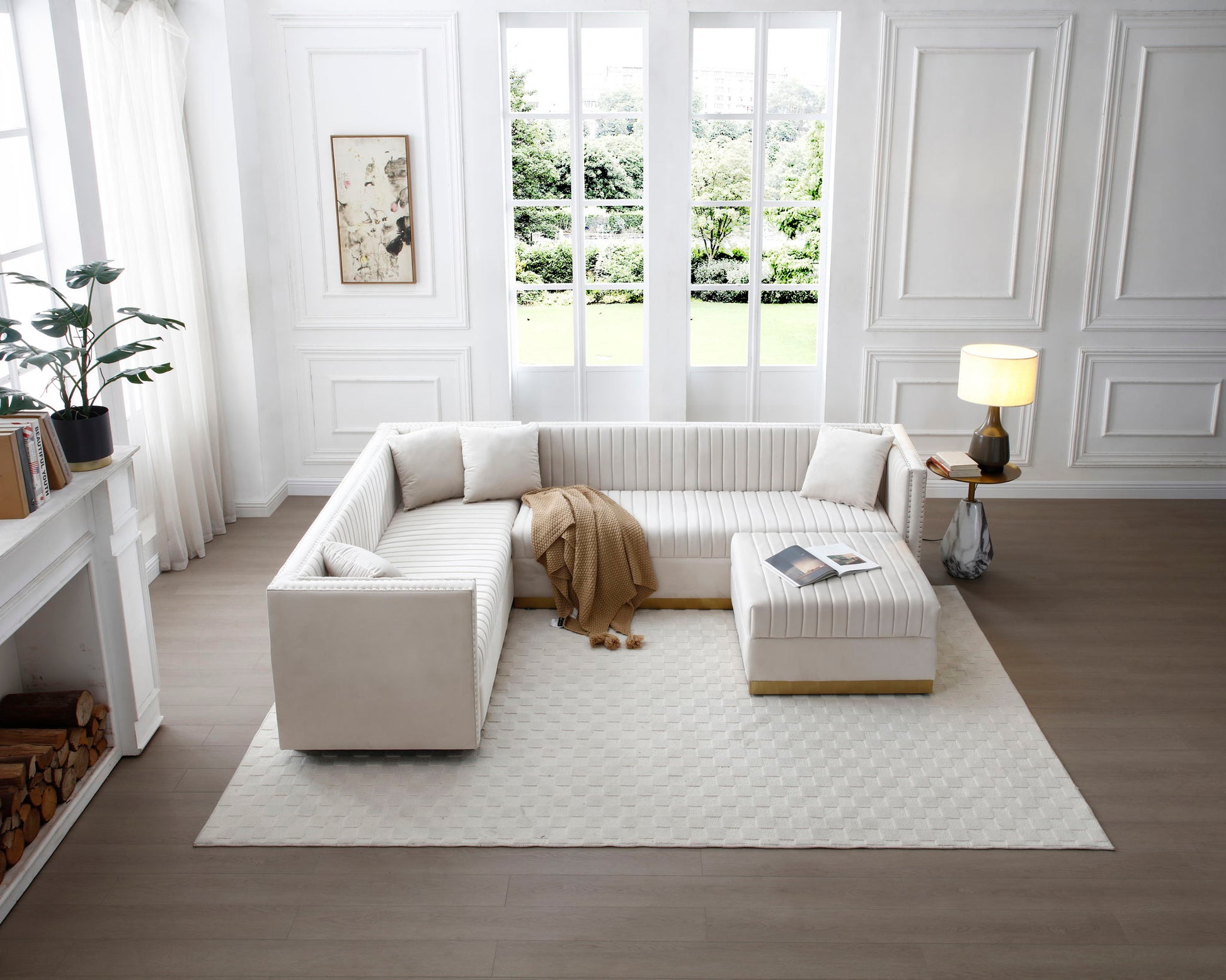 Contemporary Vertical Channel Tufted Velvet Sectional Sofa For Living Room Apartment With Ottoman And 4 Pillows - Best Buy Furniture