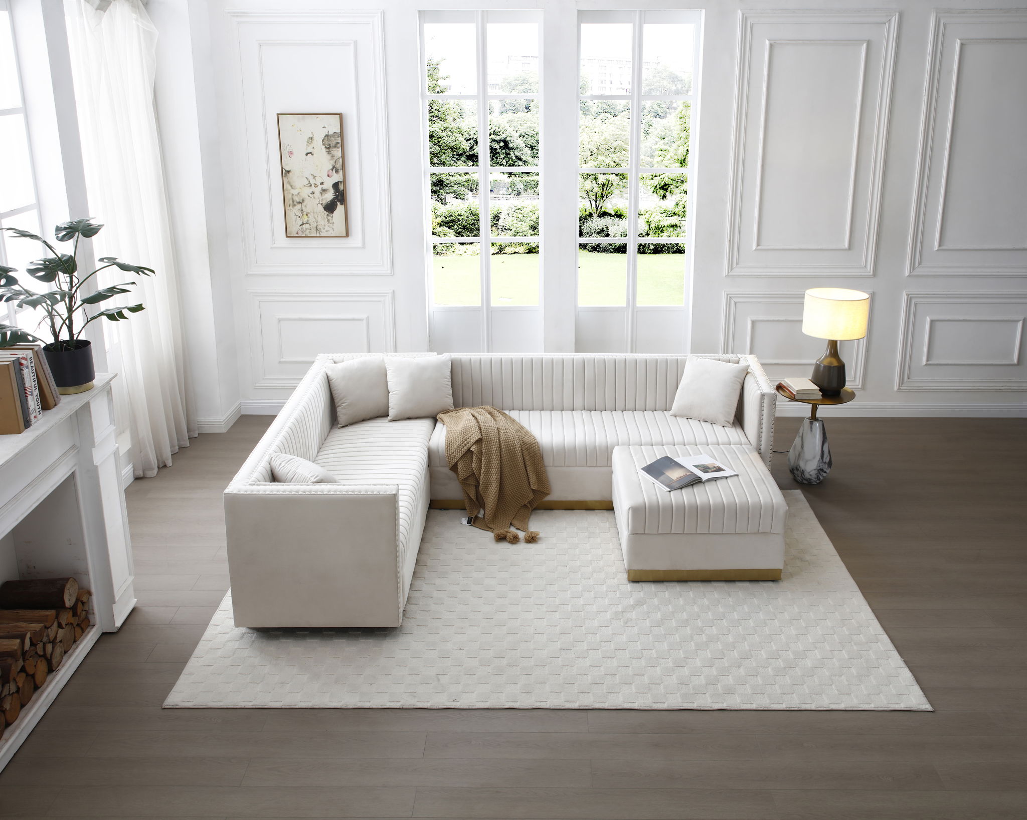 Contemporary Vertical Channel Tufted Velvet Sectional Sofa For Living Room Apartment With Ottoman And 4 Pillows - Best Buy Furniture